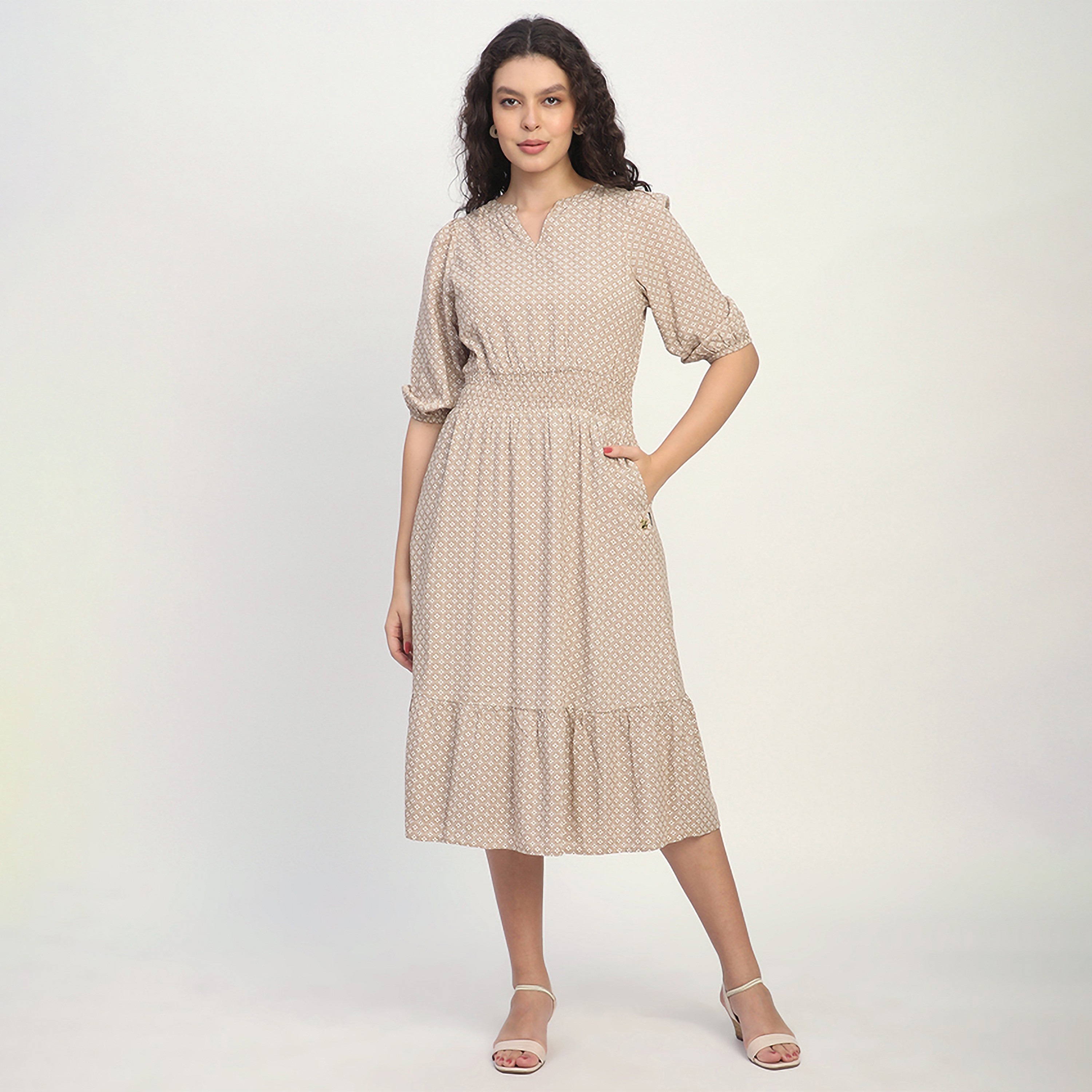 Beverly Hills Polo Club Geometric Print Cotton Elasticated Cuffs Women's Tiered Midi Dress-women-clothing-dresses-image-1