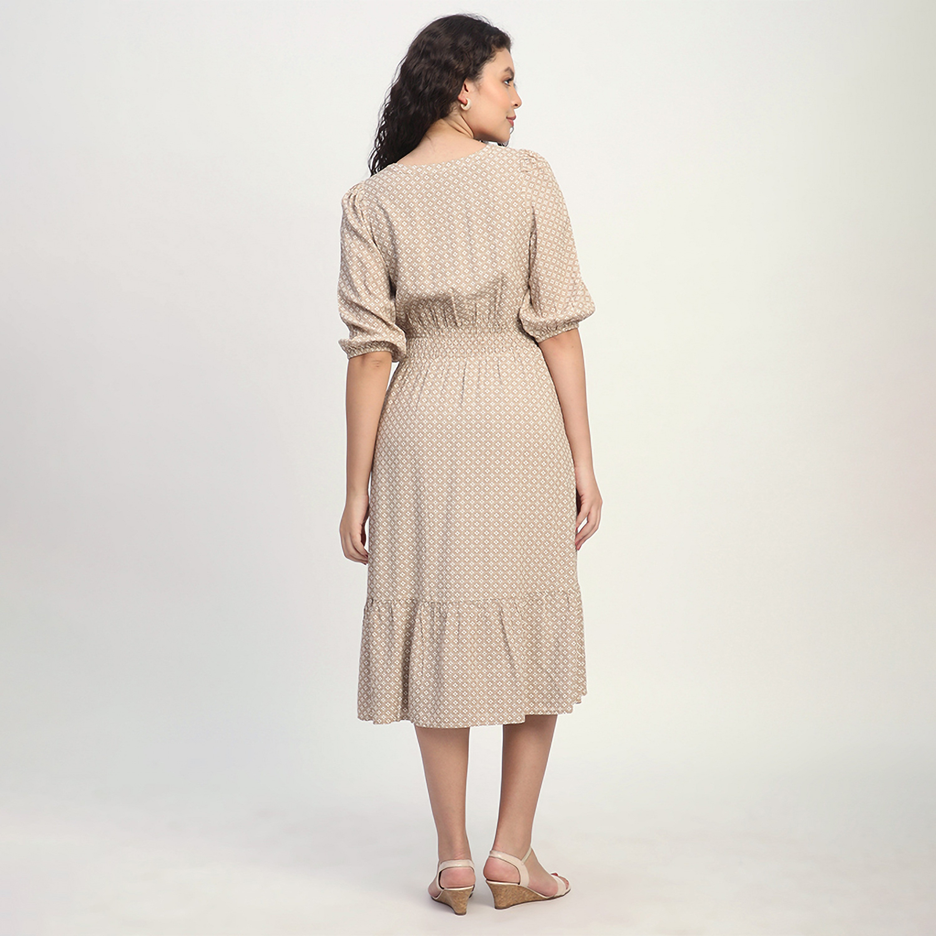 Beverly Hills Polo Club Geometric Print Cotton Elasticated Cuffs Women's Tiered Midi Dress-women-clothing-dresses-image-4