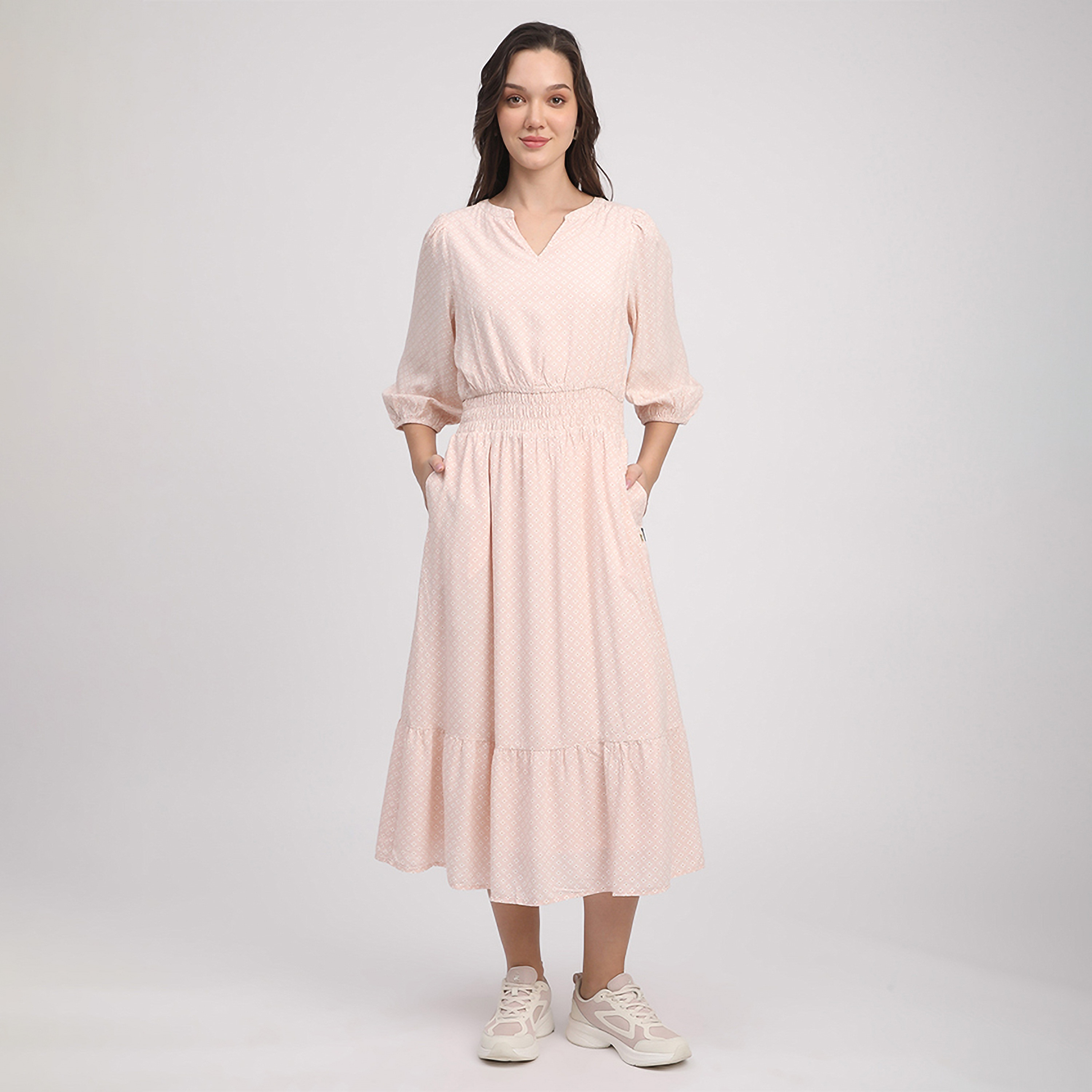 فستان متوسط الطول من القطن بطبعة هندسية وأكمام مرنة للنساء من بيفرلي هيلز بولو كلوب-women-clothing-dresses-image-9