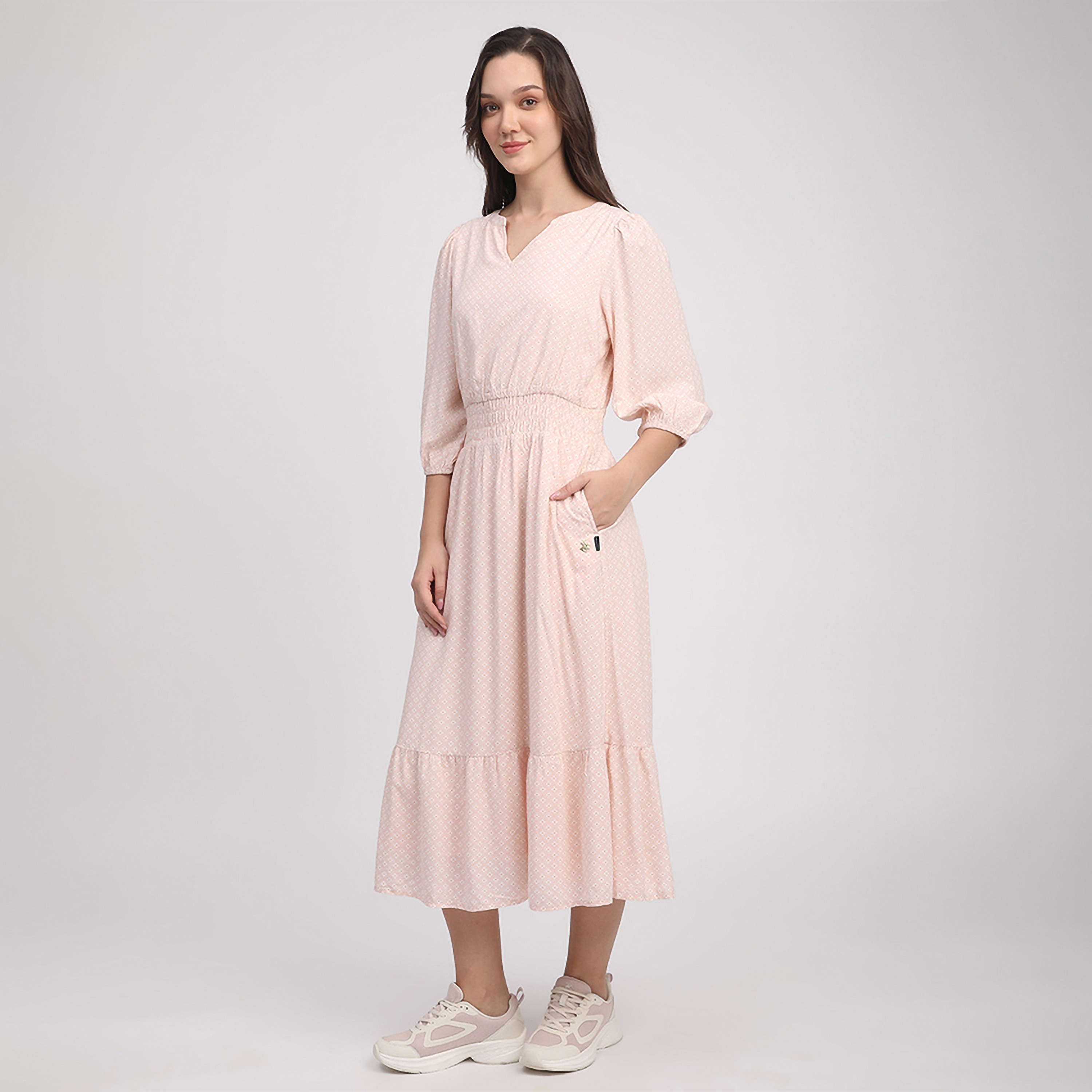فستان متوسط الطول من القطن بطبعة هندسية وأكمام مرنة للنساء من بيفرلي هيلز بولو كلوب-women-clothing-dresses-image-10
