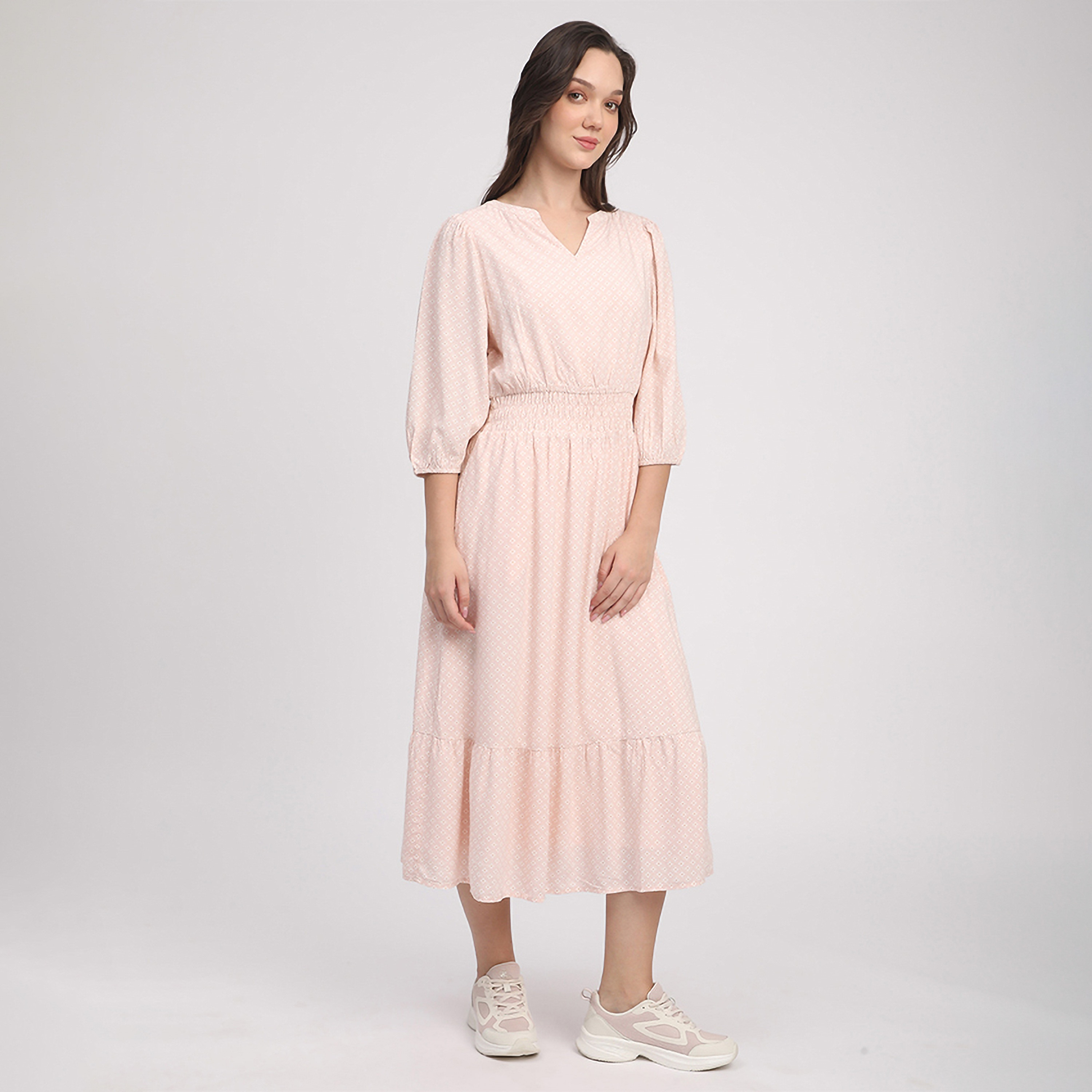 فستان متوسط الطول من القطن بطبعة هندسية وأكمام مرنة للنساء من بيفرلي هيلز بولو كلوب-women-clothing-dresses-image-11