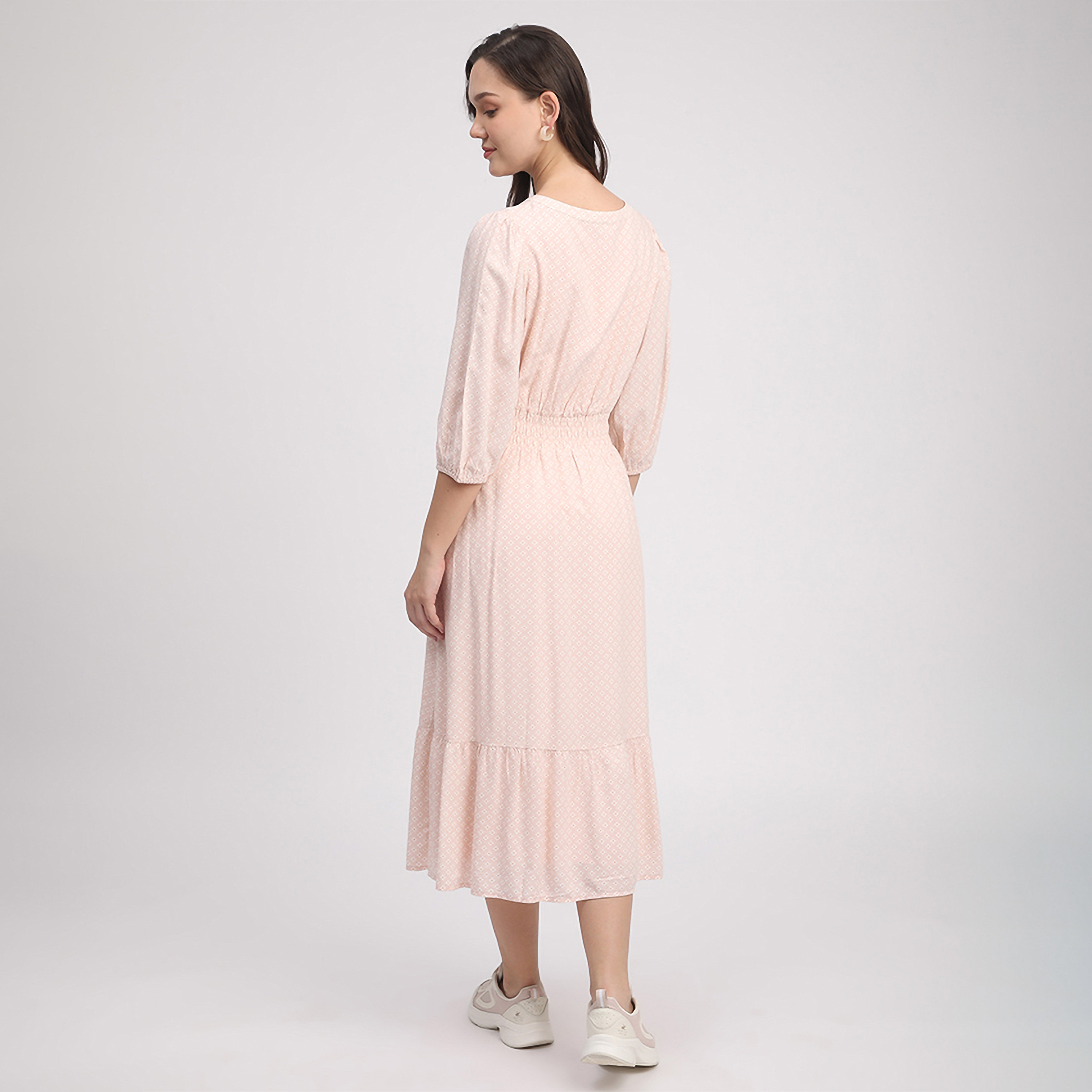 فستان متوسط الطول من القطن بطبعة هندسية وأكمام مرنة للنساء من بيفرلي هيلز بولو كلوب-women-clothing-dresses-image-12