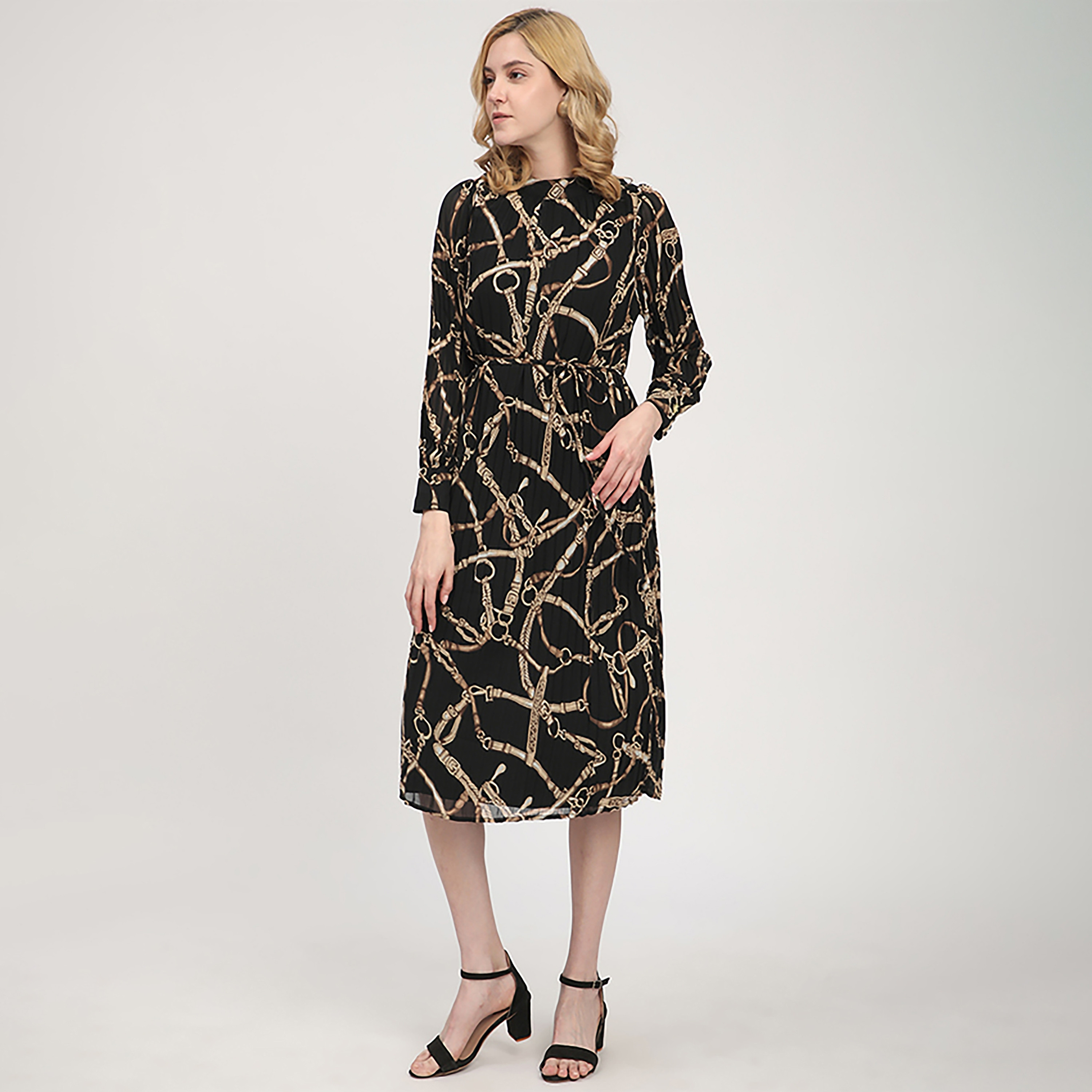 فستان نسائي متوسط الطول بأكمام مطوية ومطبوع باللون الأسود من بيفرلي هيلز بولو كلوب-women-clothing-dresses-image-2