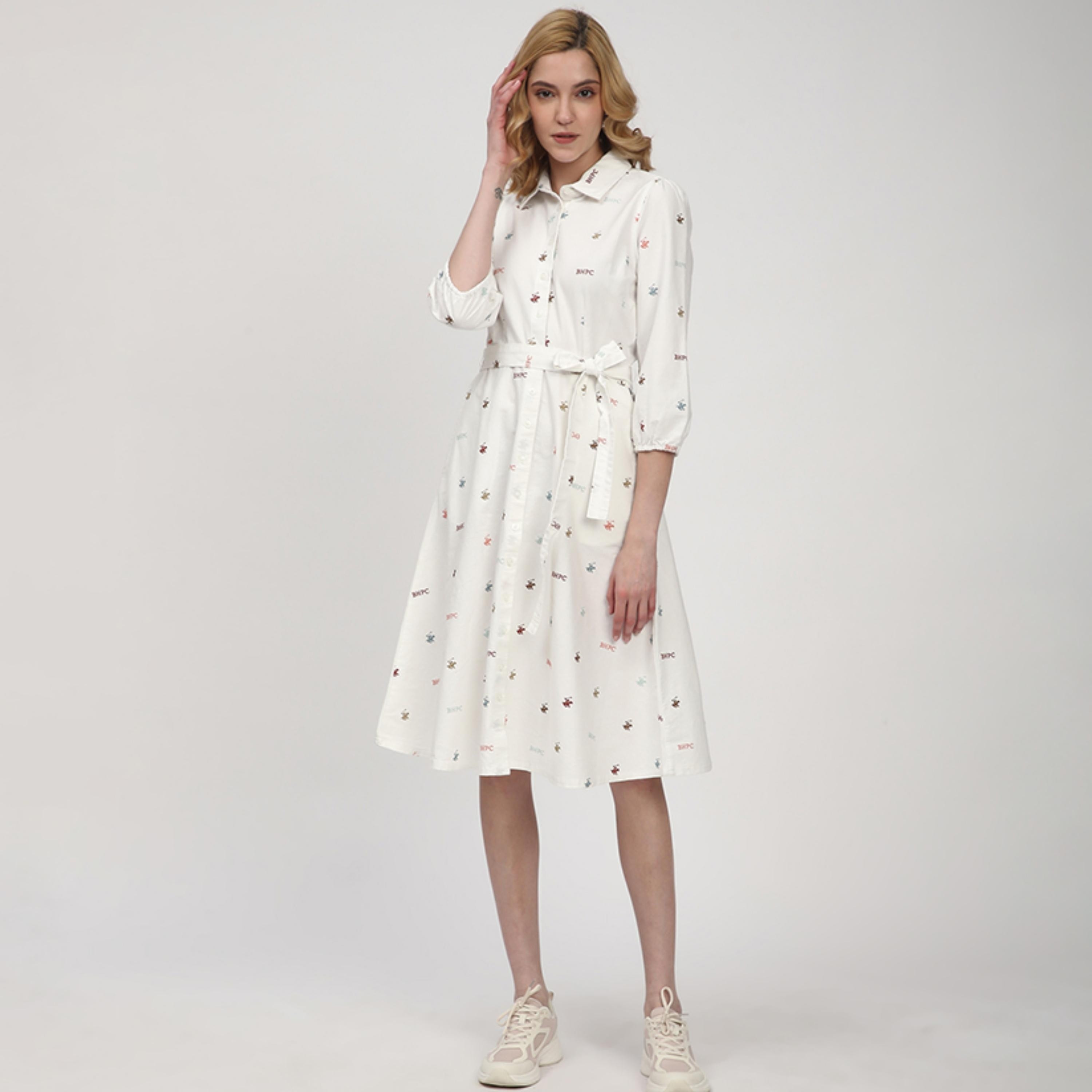 Beverly Hills Polo Club All-Over Logo Collared Elasticated Cuff Sleeves Women's Knee Dress-women-clothing-dresses-image-1
