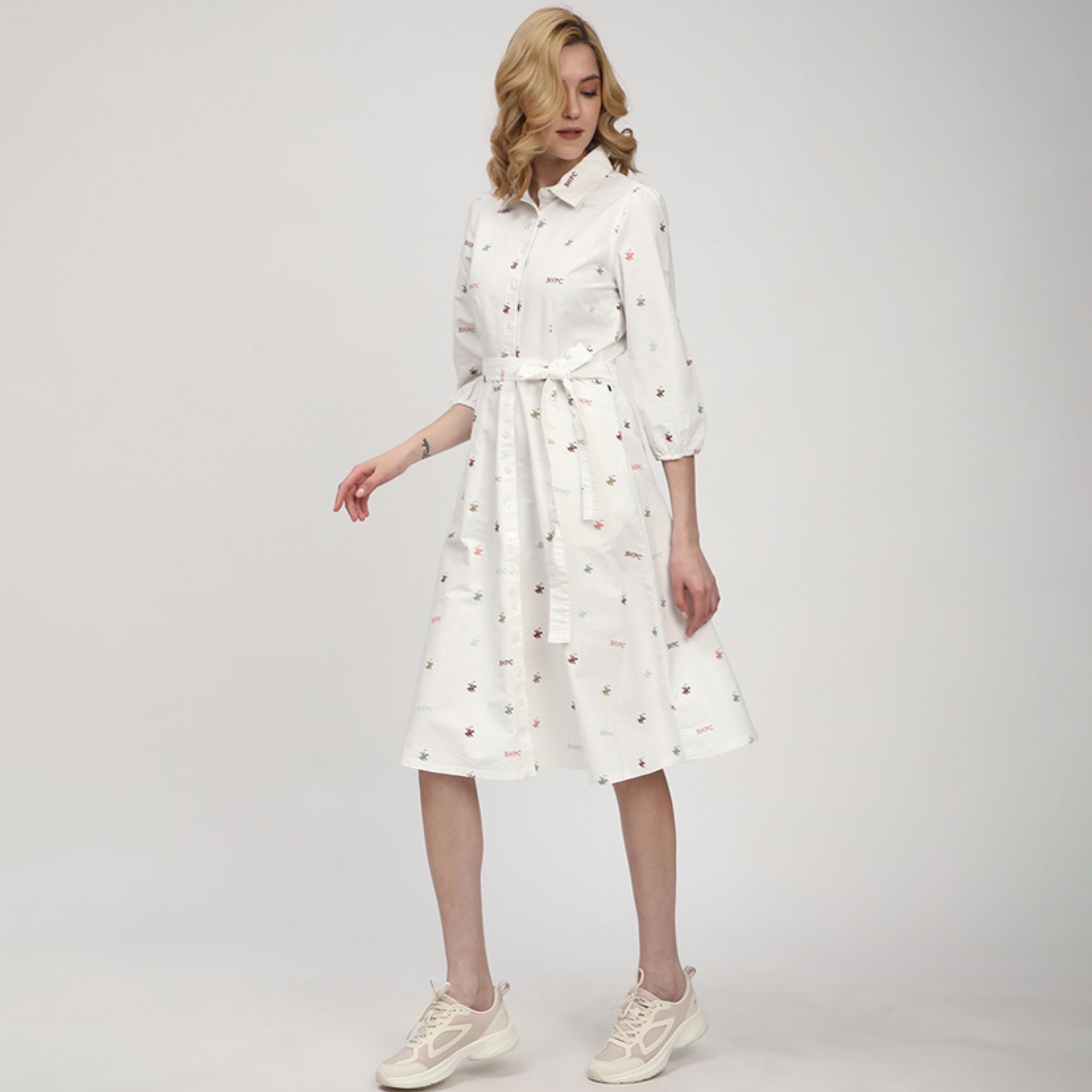 Beverly Hills Polo Club All-Over Logo Collared Elasticated Cuff Sleeves Women's Knee Dress-women-clothing-dresses-image-2