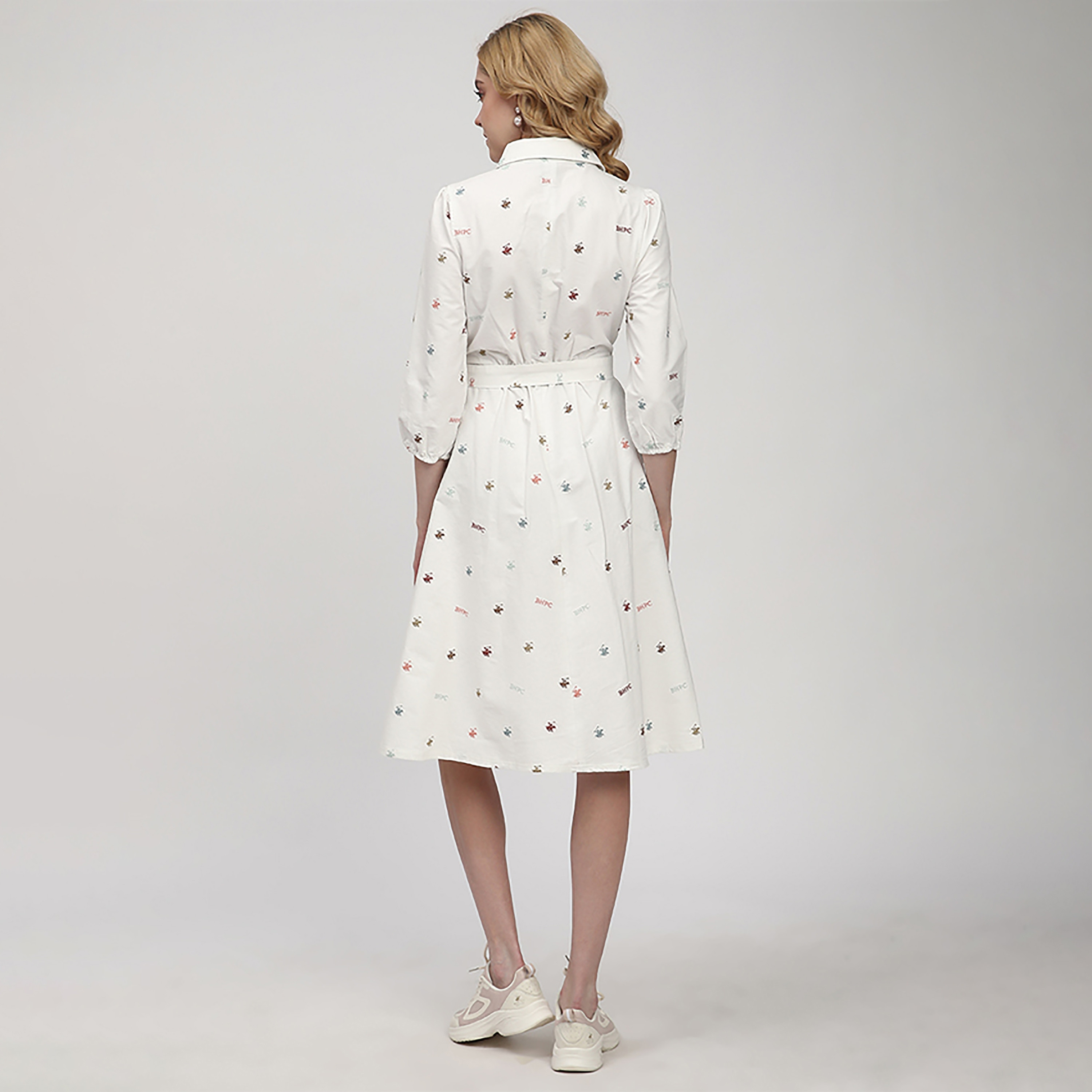 Beverly Hills Polo Club All-Over Logo Collared Elasticated Cuff Sleeves Women's Knee Dress-women-clothing-dresses-image-4