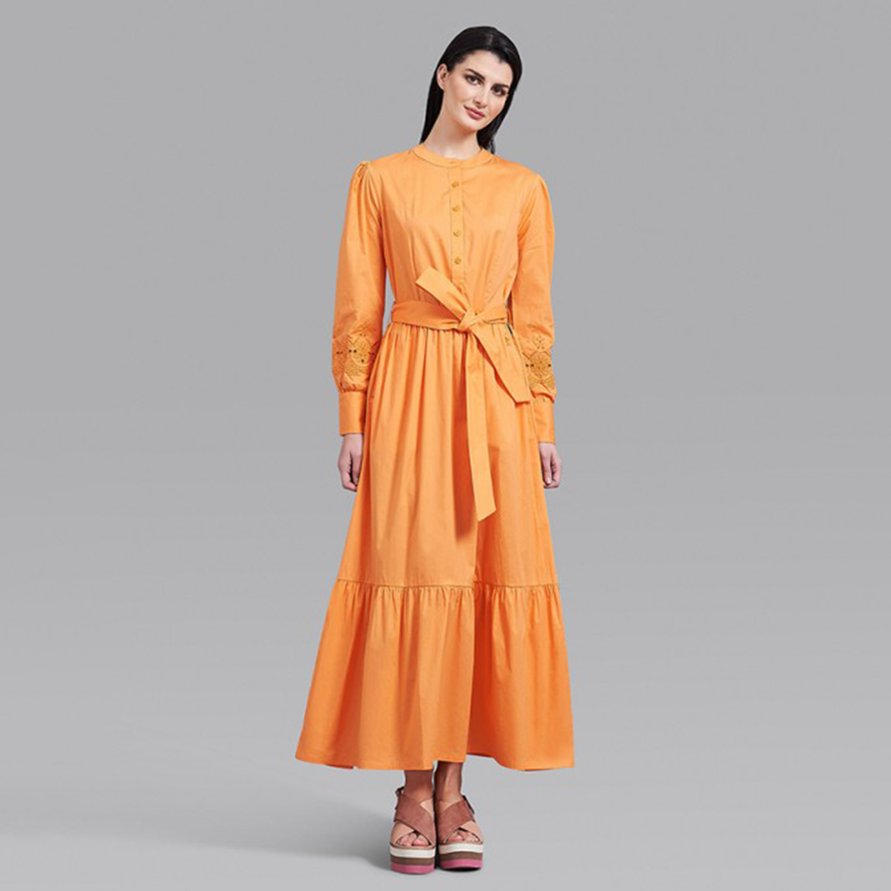 فستان ماكسي نسائي بحزام عنق من بيفرلي هيلز بولو كلوب بلون برتقالي سادة-women-clothing-dresses-image-1