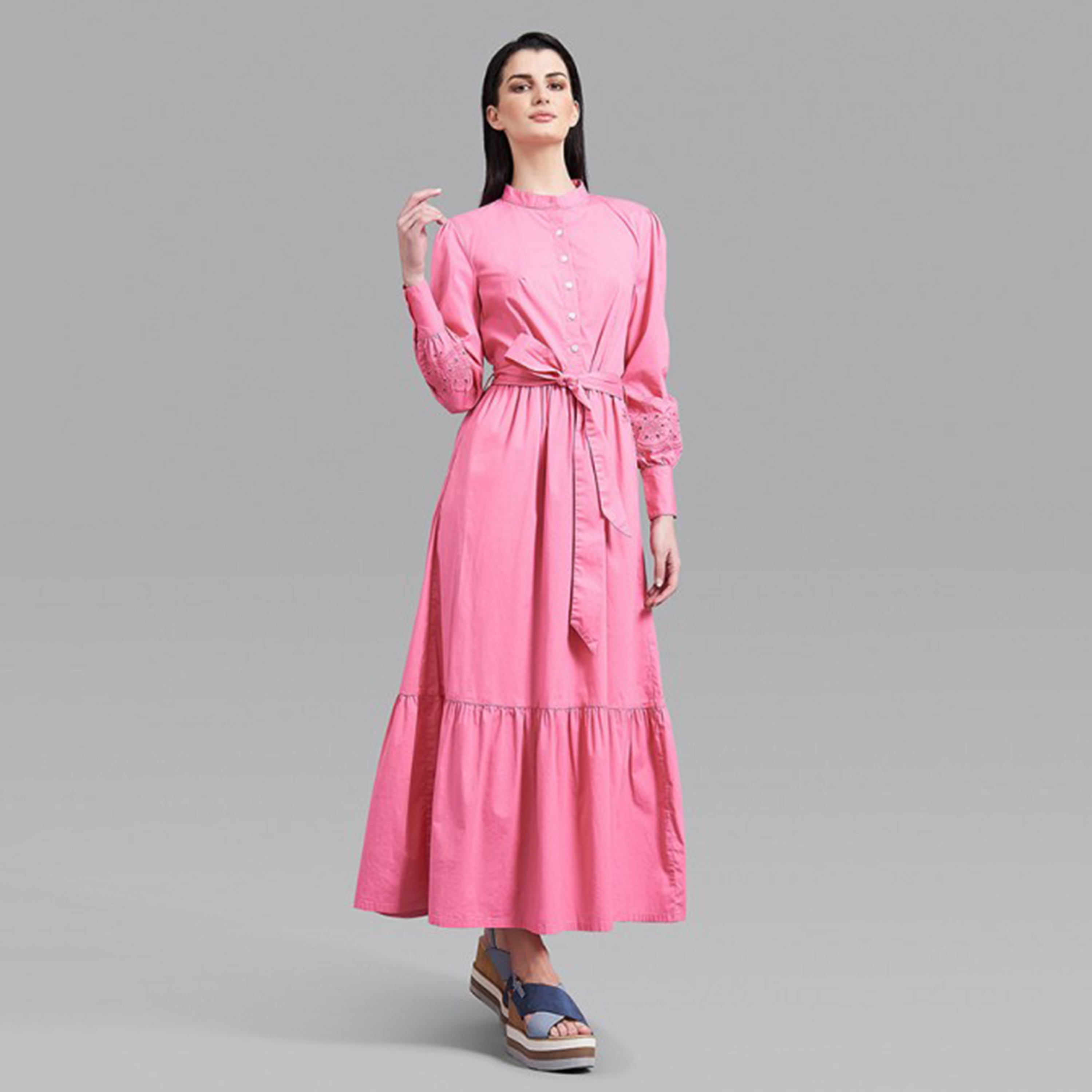 فستان ماكسي نسائي بحزام عنق من بيفرلي هيلز بولو كلوب بلون برتقالي سادة-women-clothing-dresses-image-5