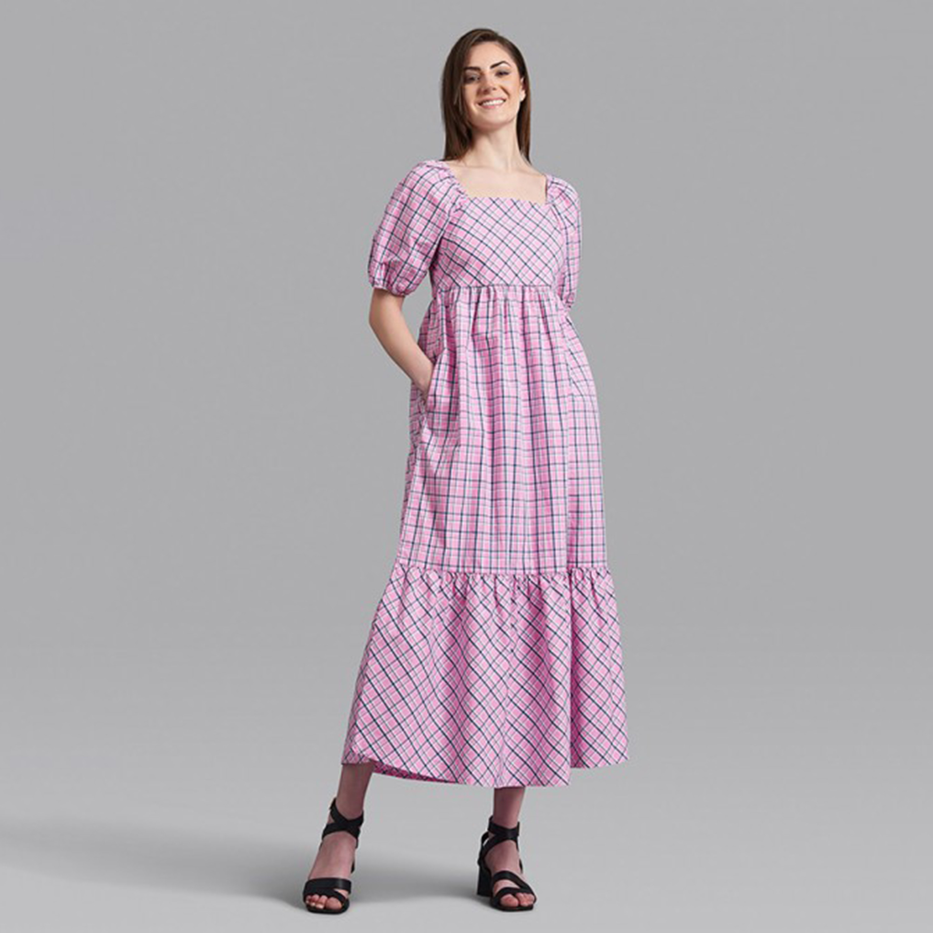 Beverly Hills Polo Club Women Pink Checked Square Neck Dress with Side Pockets-women-clothing-dresses-image-1