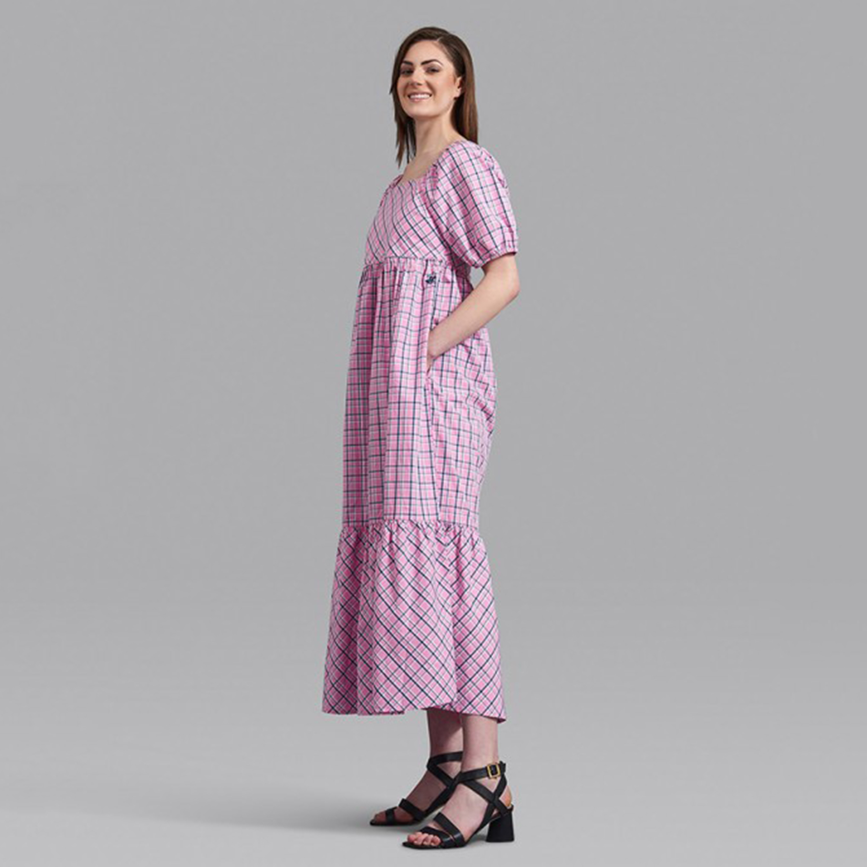 Beverly Hills Polo Club Women Pink Checked Square Neck Dress with Side Pockets-women-clothing-dresses-image-2