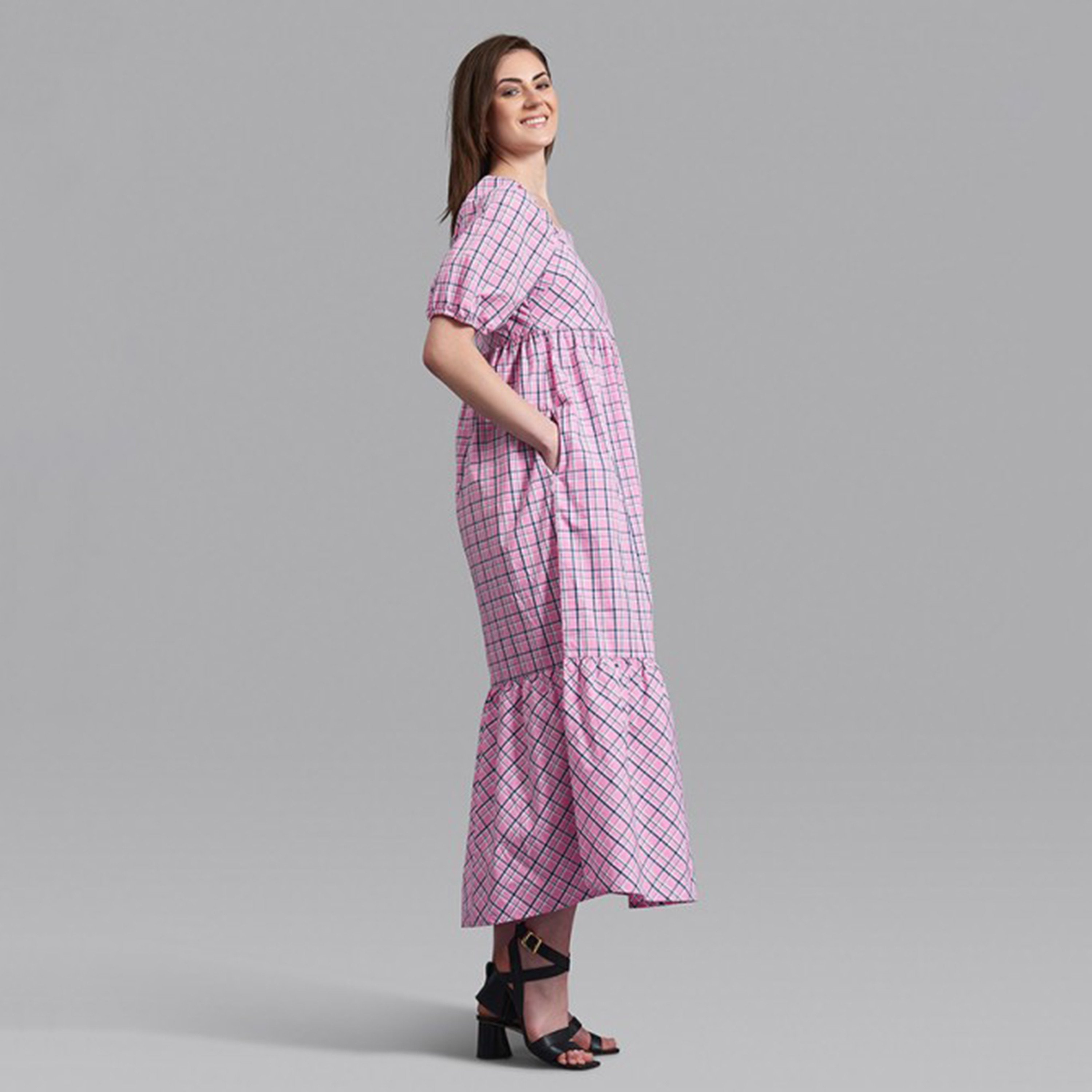 Beverly Hills Polo Club Women Pink Checked Square Neck Dress with Side Pockets-women-clothing-dresses-image-3