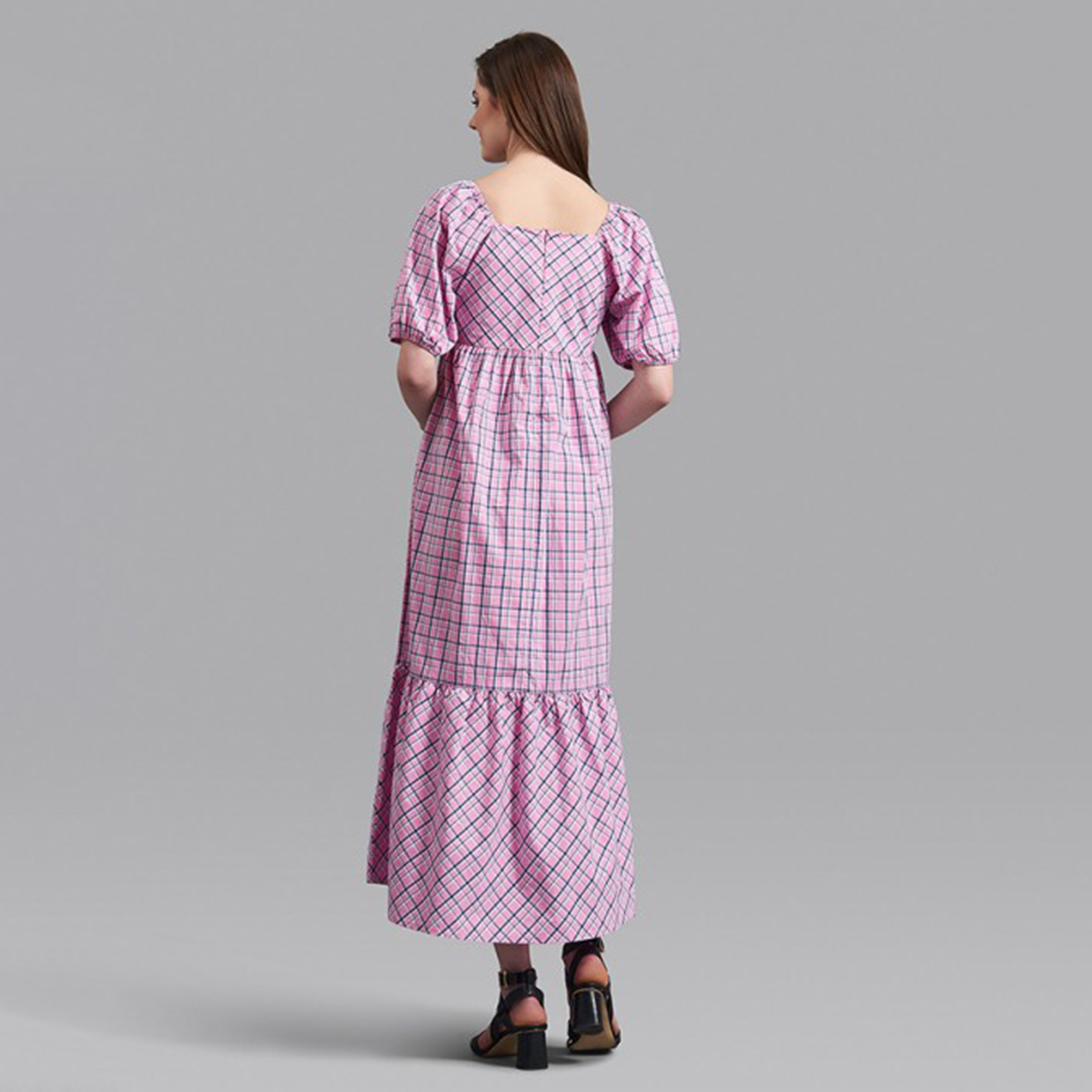 Beverly Hills Polo Club Women Pink Checked Square Neck Dress with Side Pockets-women-clothing-dresses-image-4