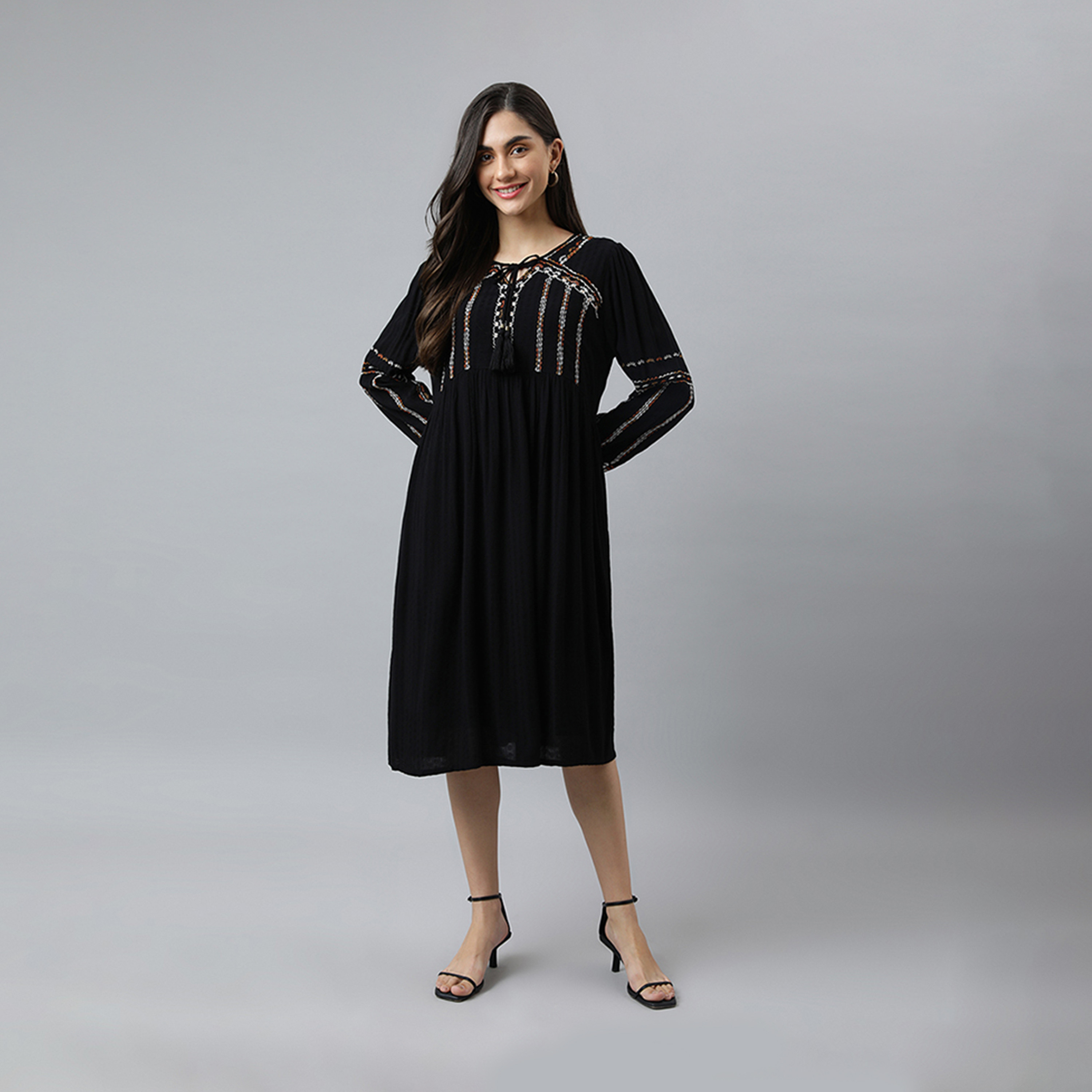 Beverly Hills Polo Club Embroidered Tie-Neck A-line Midi Dress-women-clothing-dresses-image-1