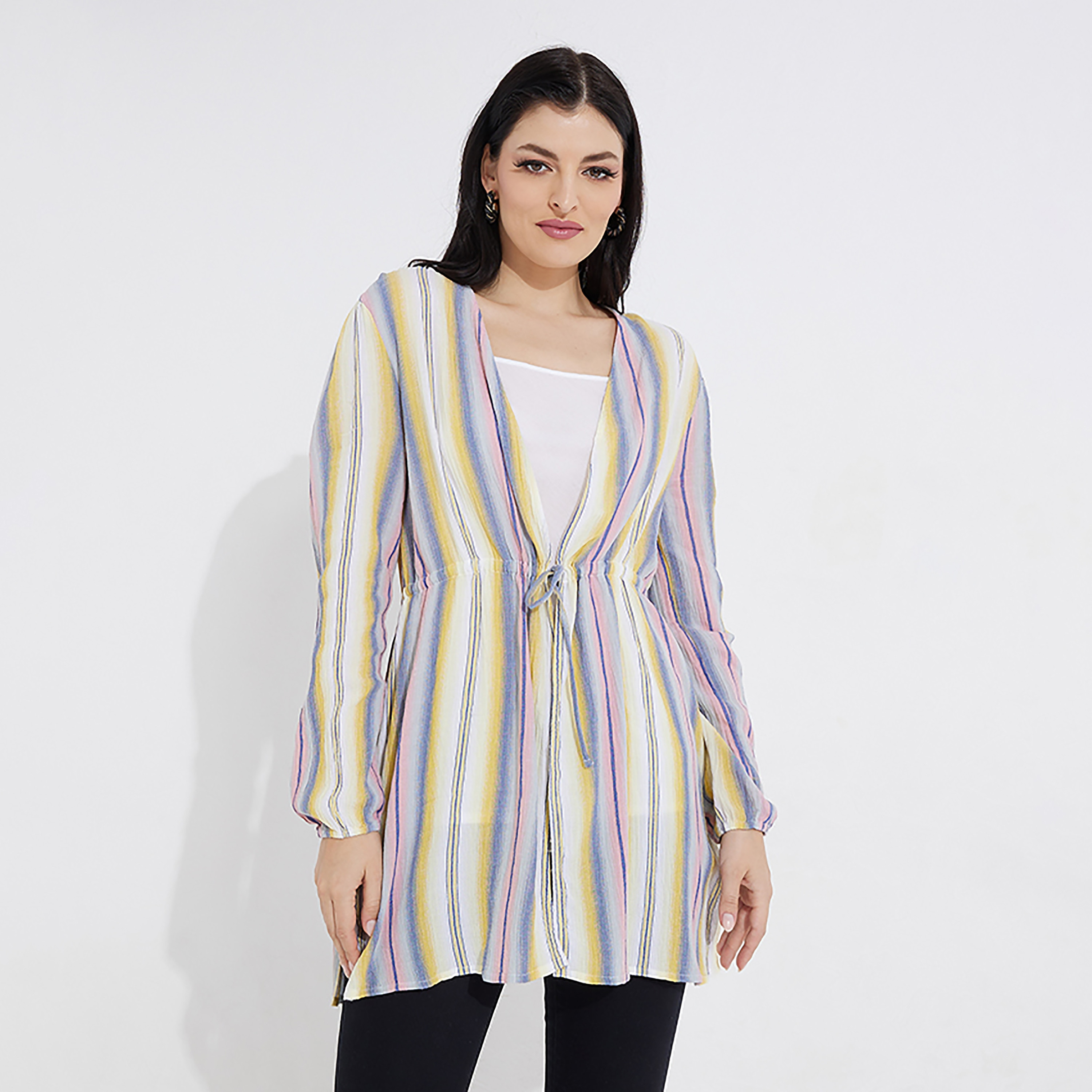 Beverly Hills Polo Club Striped V-Neck Long Sleeves Tie Front Tunic-women-clothing-shirtsandblouses-blouses-image-1