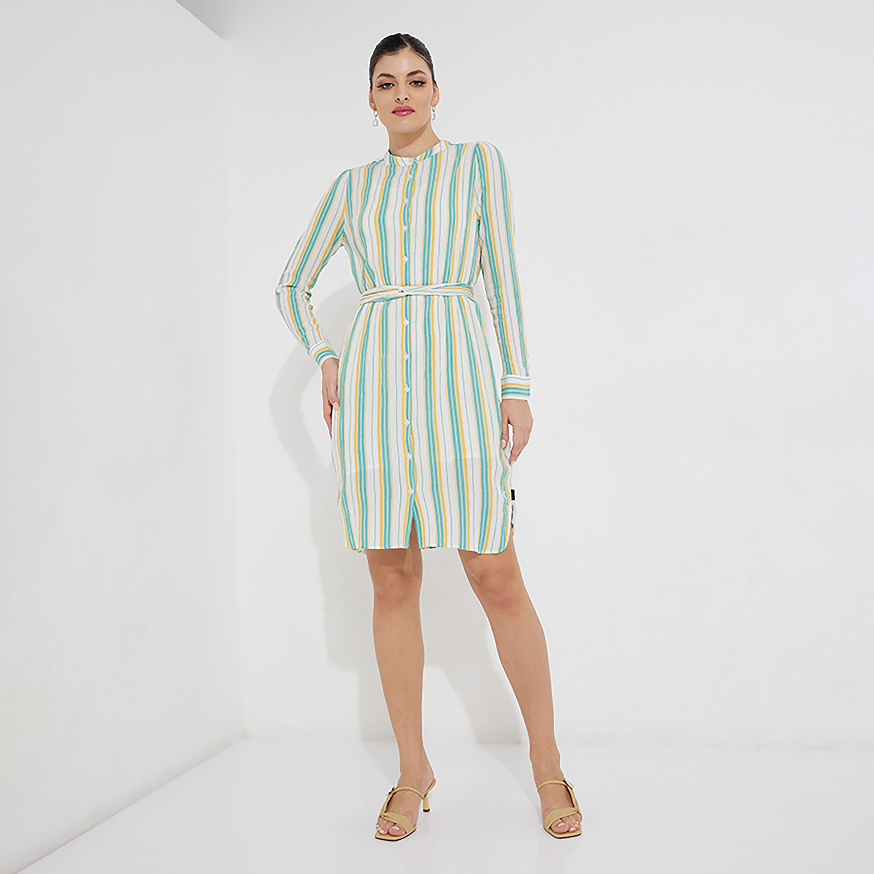 فستان قميص من بيفرلي هيلز بولو كلوب مخطط ماندارين وطول الركبة-women-clothing-dresses-image-1
