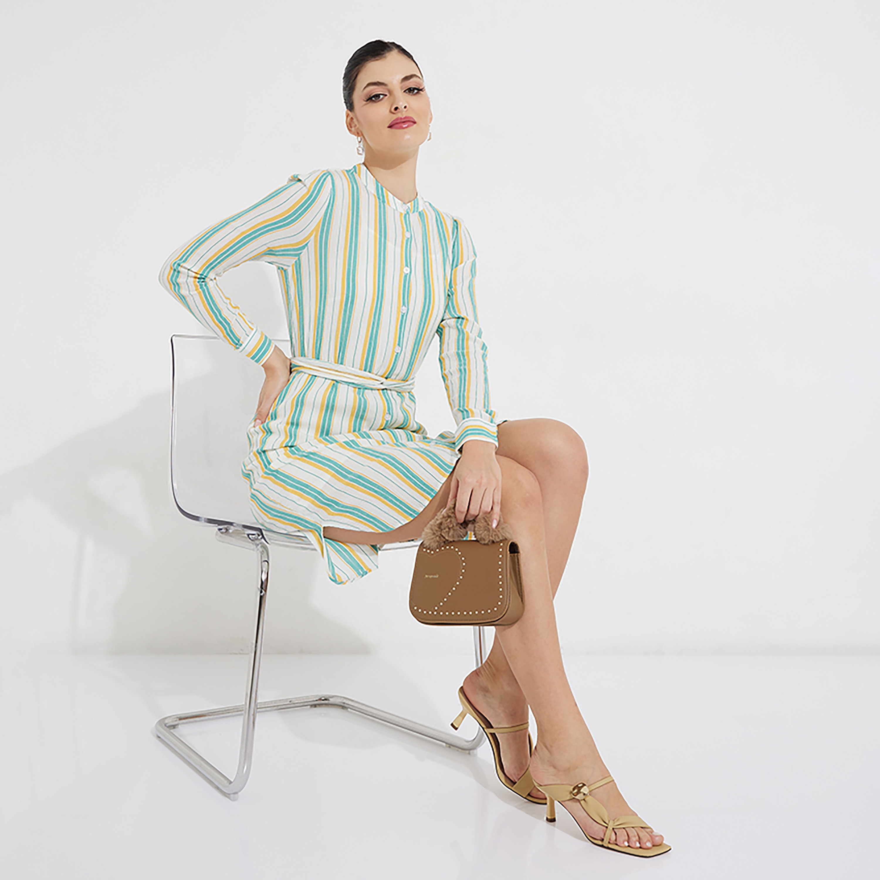 Beverly Hills Polo Club Striped Mandarin Knee Length Shirt Dress-women-clothing-dresses-image-2