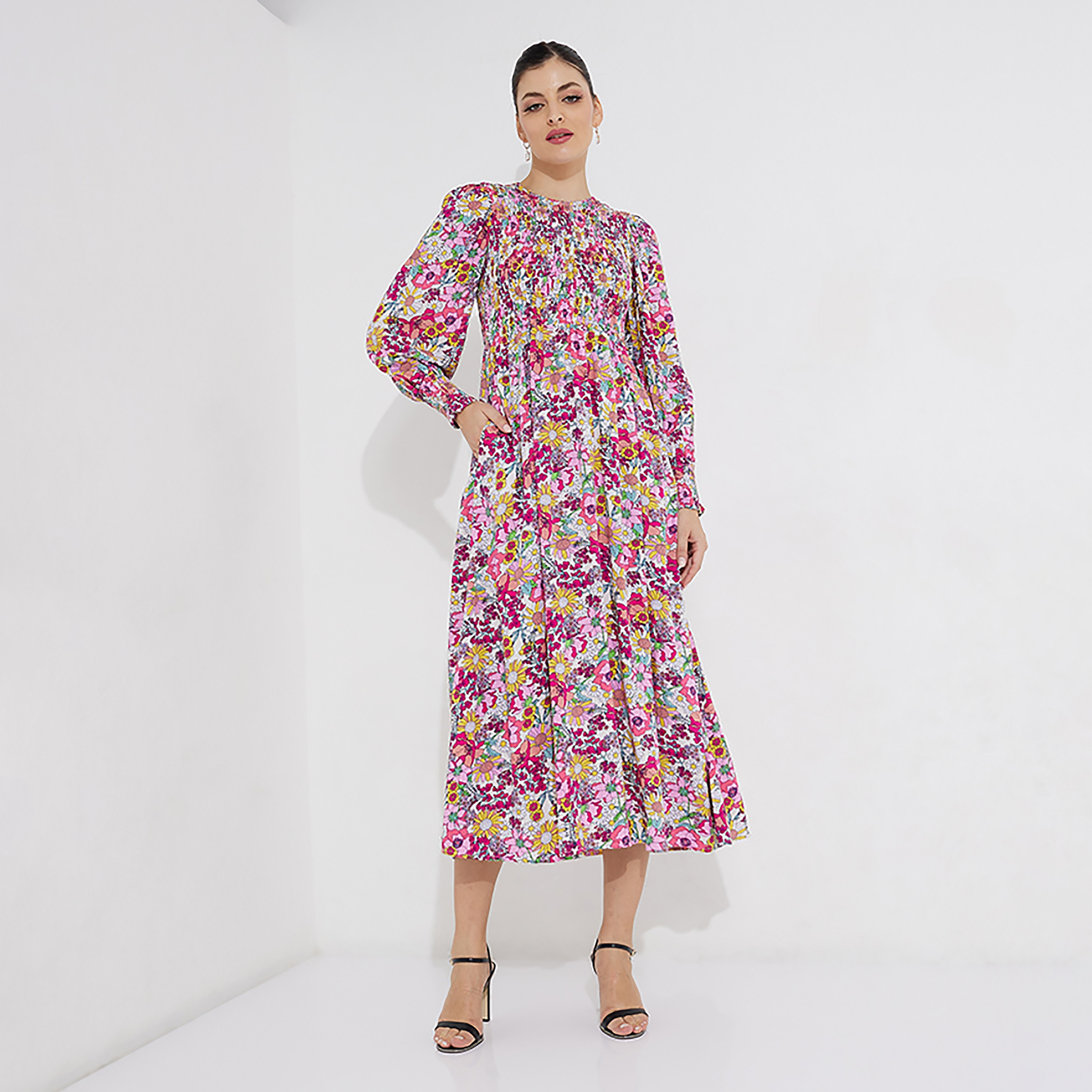 Beverly Hills Polo Club Floral Round Neck Flare Midi Dress-women-clothing-dresses-image-1