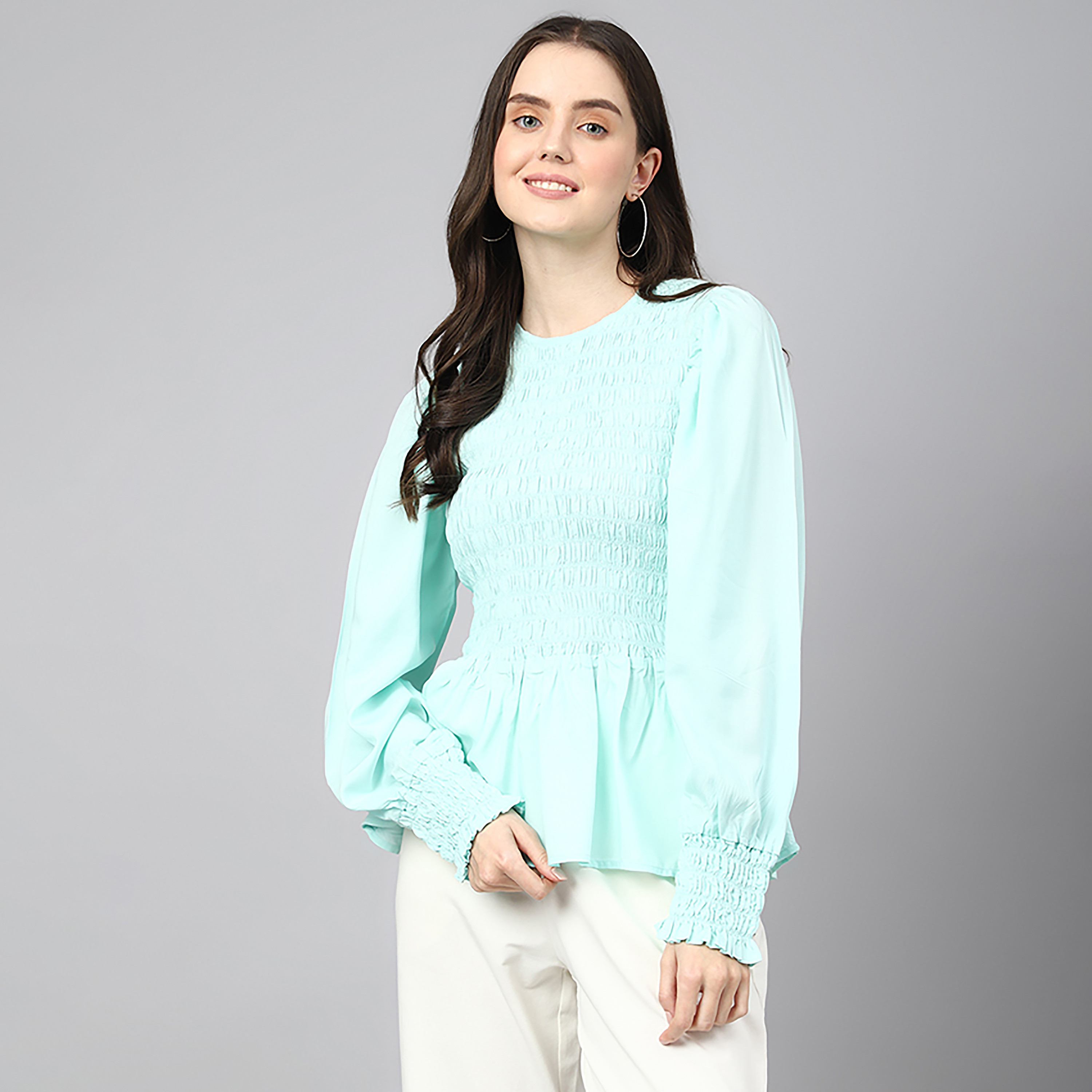 توب من بيفرلي هيلز بولو كلوب ذو سموكد بياقة دائرية وأكمام طويلة-women-clothing-shirtsandblouses-blouses-image-1