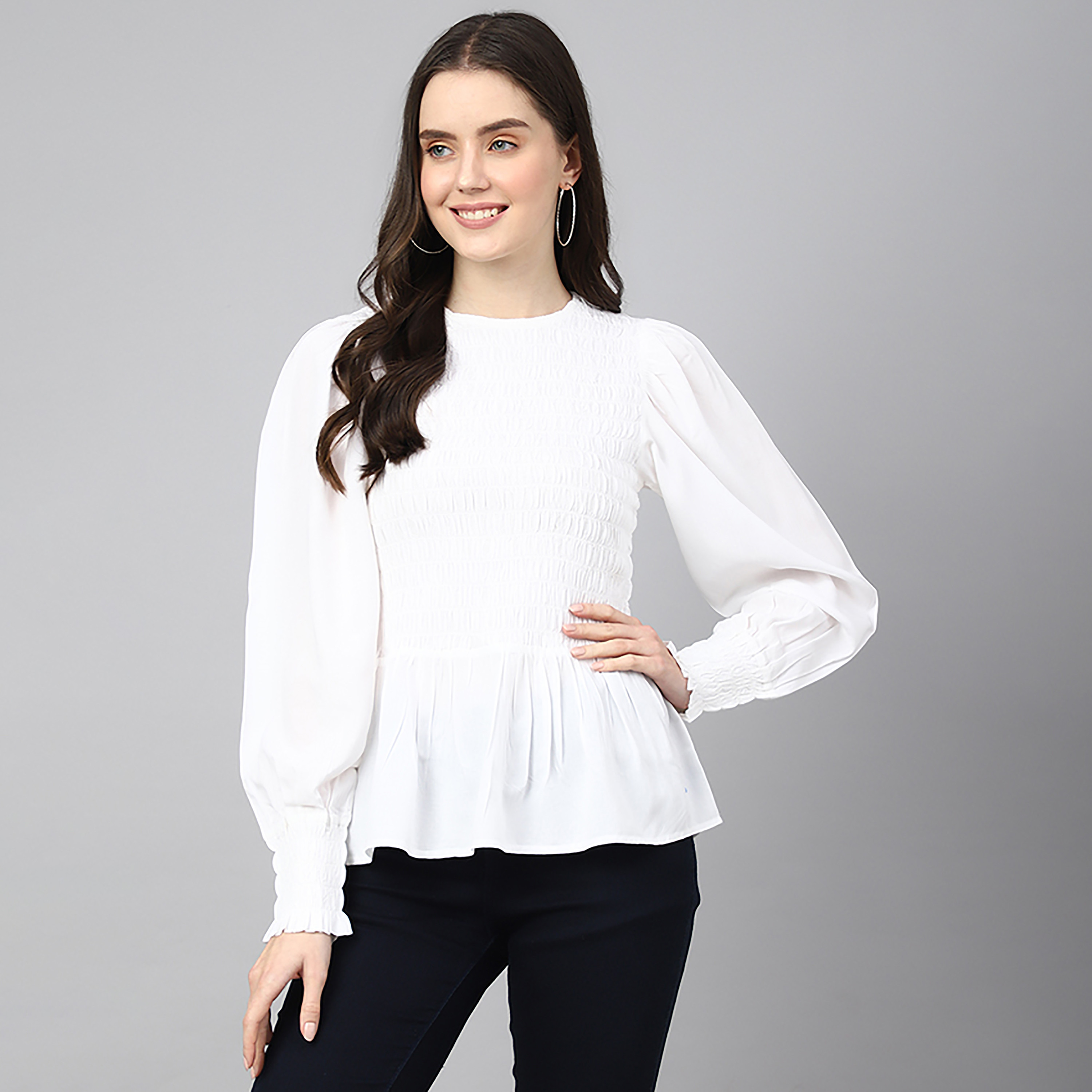 توب من بيفرلي هيلز بولو كلوب ذو سموكد بياقة دائرية وأكمام طويلة-women-clothing-shirtsandblouses-blouses-image-5