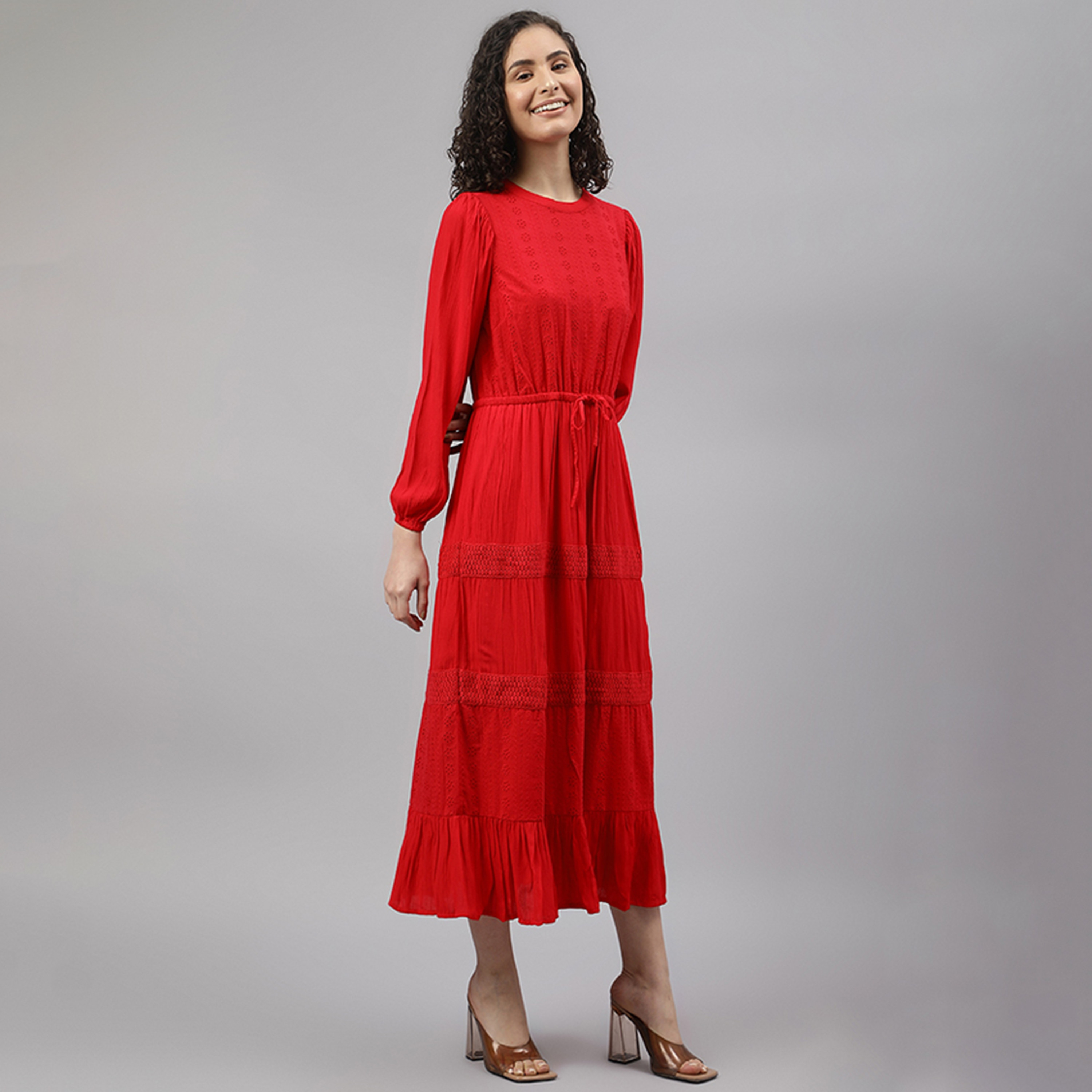 فستان ميدي بطيات بياقة دائرية سادة من بيفرلي هيلز بولو كلوب-women-clothing-dresses-image-4