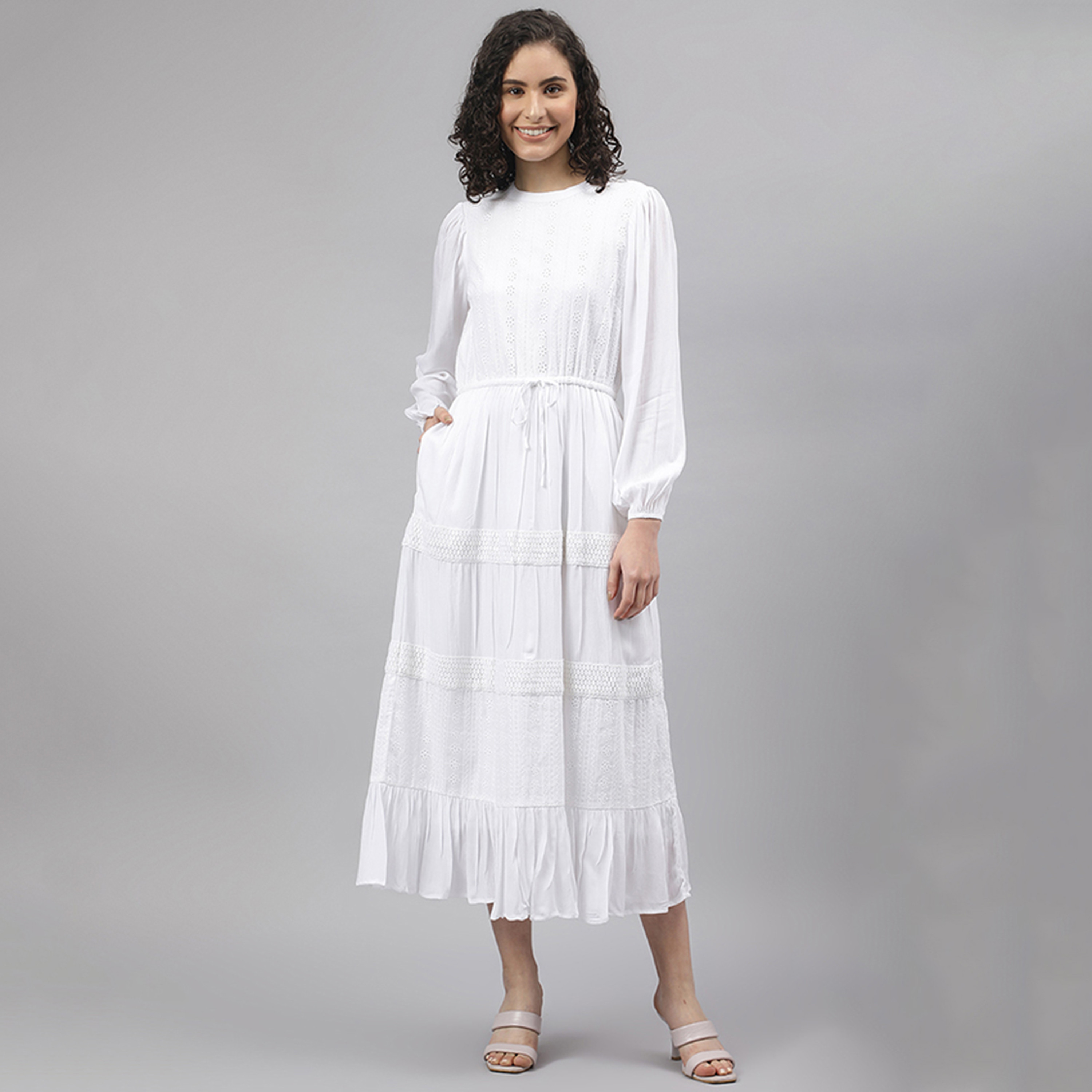 فستان ميدي بطيات بياقة دائرية سادة من بيفرلي هيلز بولو كلوب-women-clothing-dresses-image-5