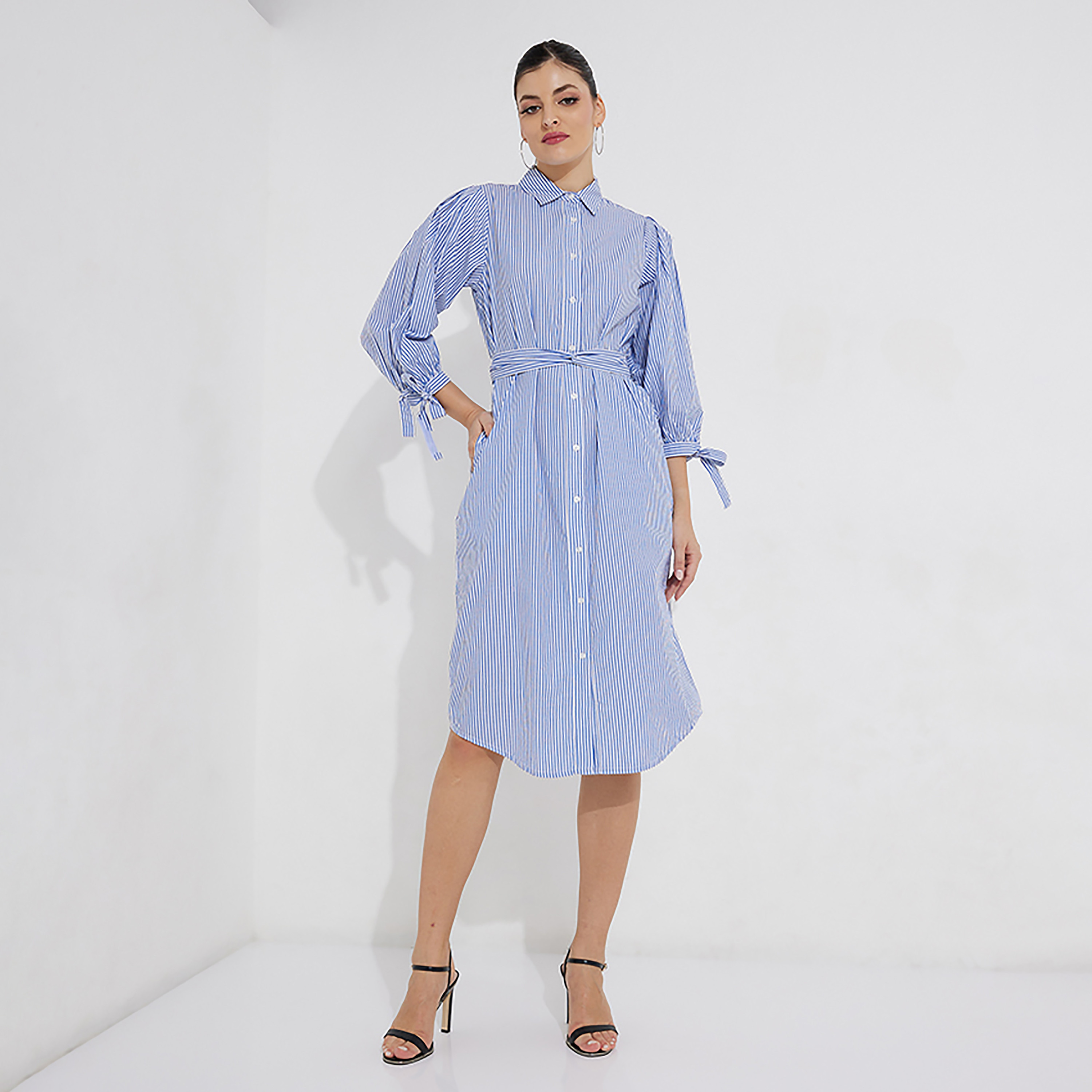 فستان قميص بطول الركبة بياقة قميص مخطط من بيفرلي هيلز بولو كلوب-women-clothing-dresses-image-1