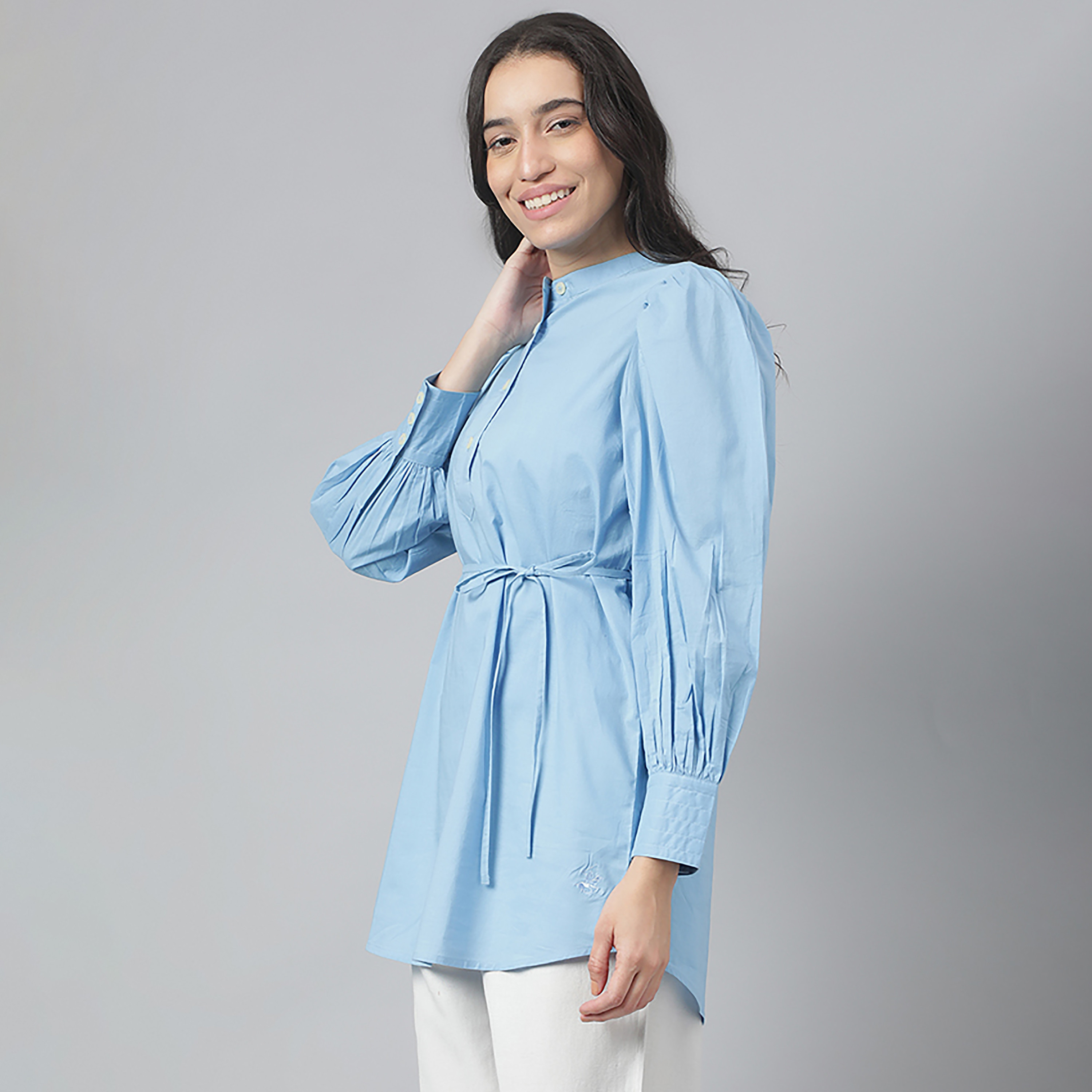 بلوزة سادة من بيفرلي هيلز بولو كلوب بتصميم ماندرارين وأكمام منفوخة مع الكاميزول-women-clothing-shirtsandblouses-blouses-image-2