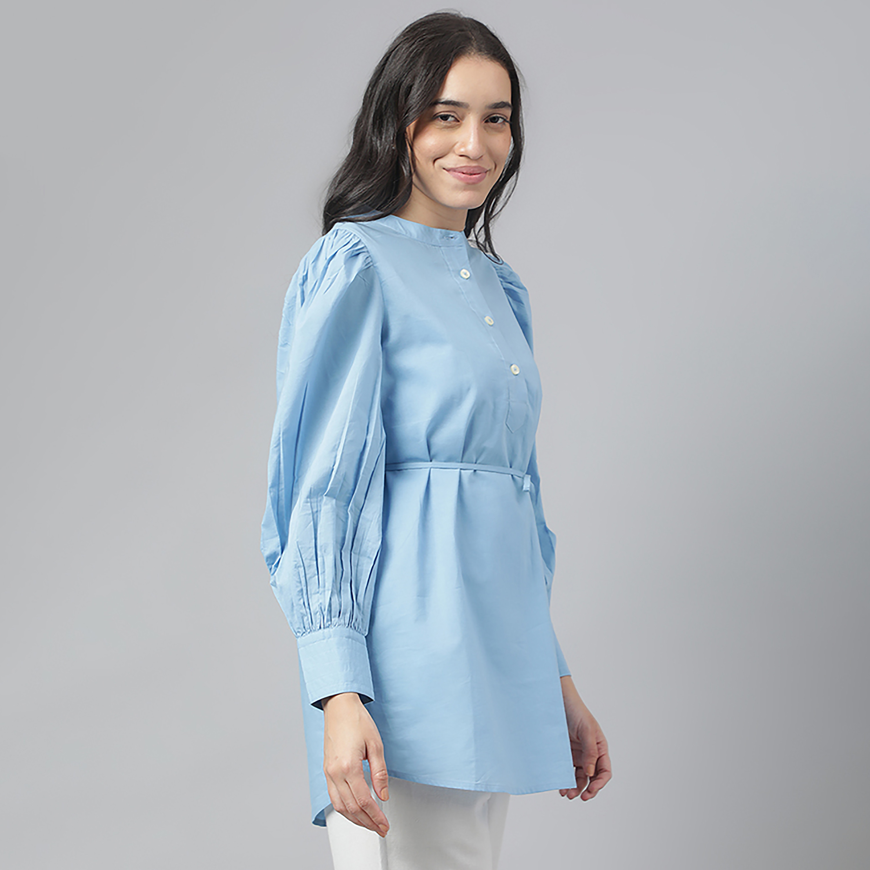 بلوزة سادة من بيفرلي هيلز بولو كلوب بتصميم ماندرارين وأكمام منفوخة مع الكاميزول-women-clothing-shirtsandblouses-blouses-image-3