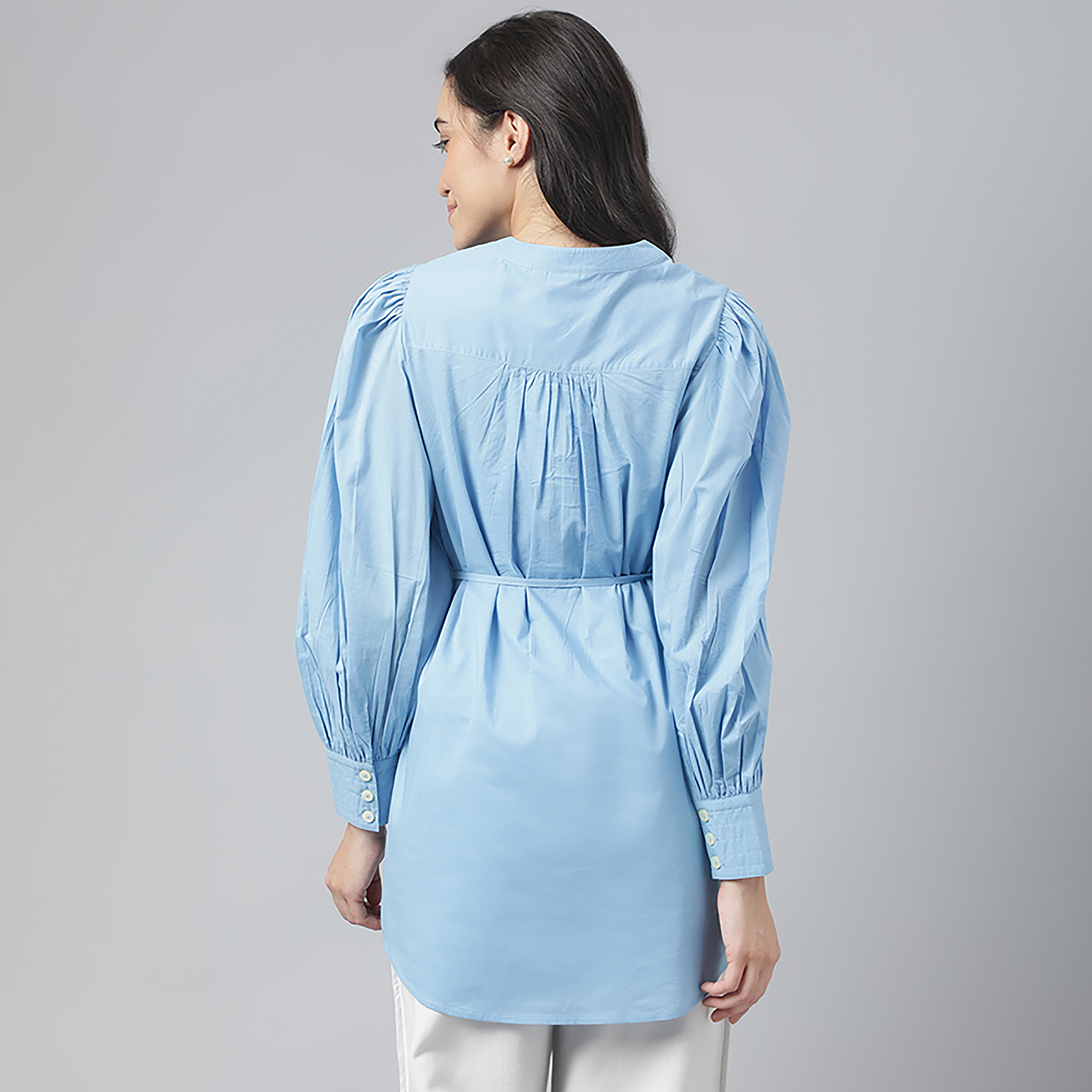 بلوزة سادة من بيفرلي هيلز بولو كلوب بتصميم ماندرارين وأكمام منفوخة مع الكاميزول-women-clothing-shirtsandblouses-blouses-image-4