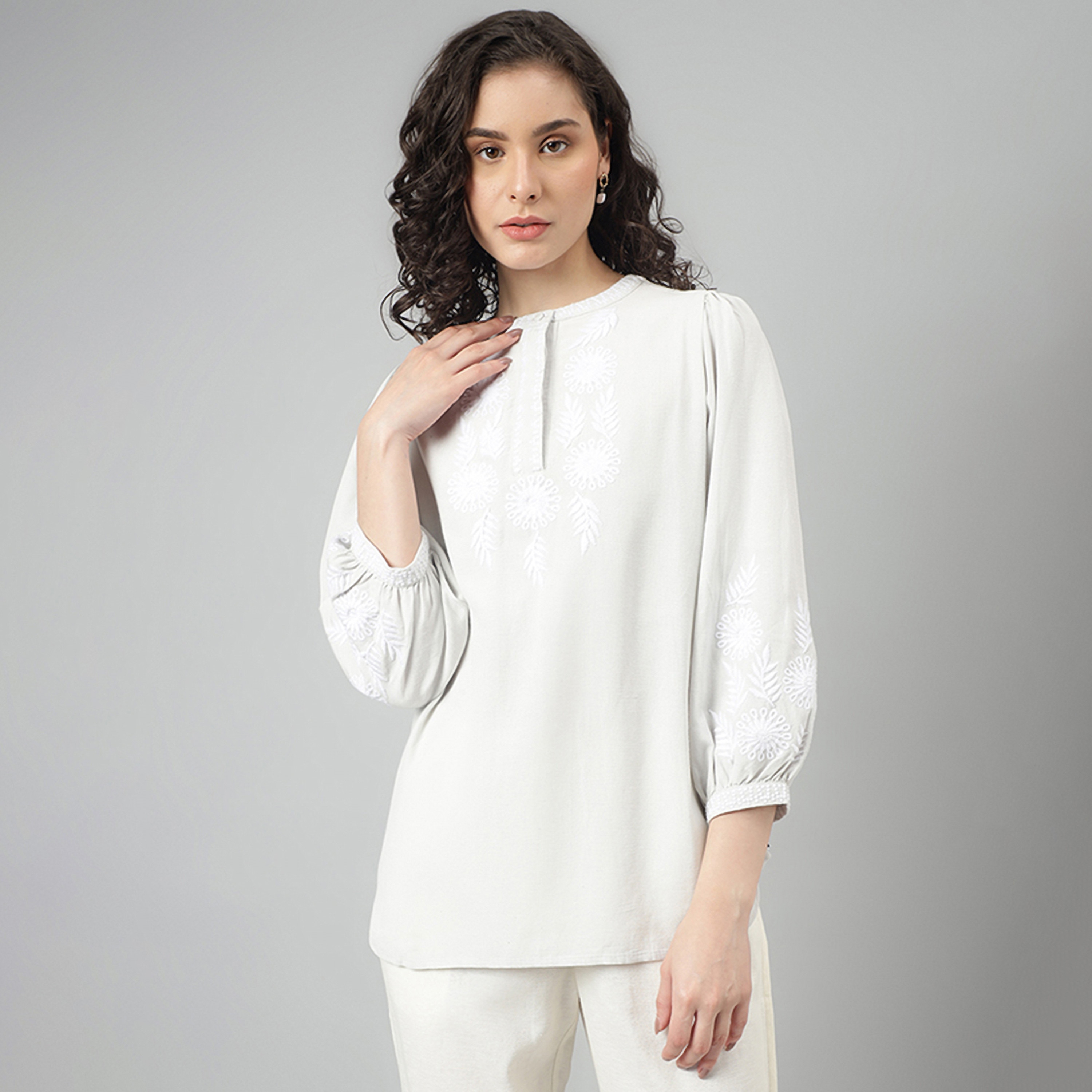 Beverly Hills Polo Club Embroidery Mandarin Neck Three-Quarter Sleeves Top-women-clothing-shirtsandblouses-blouses-image-5
