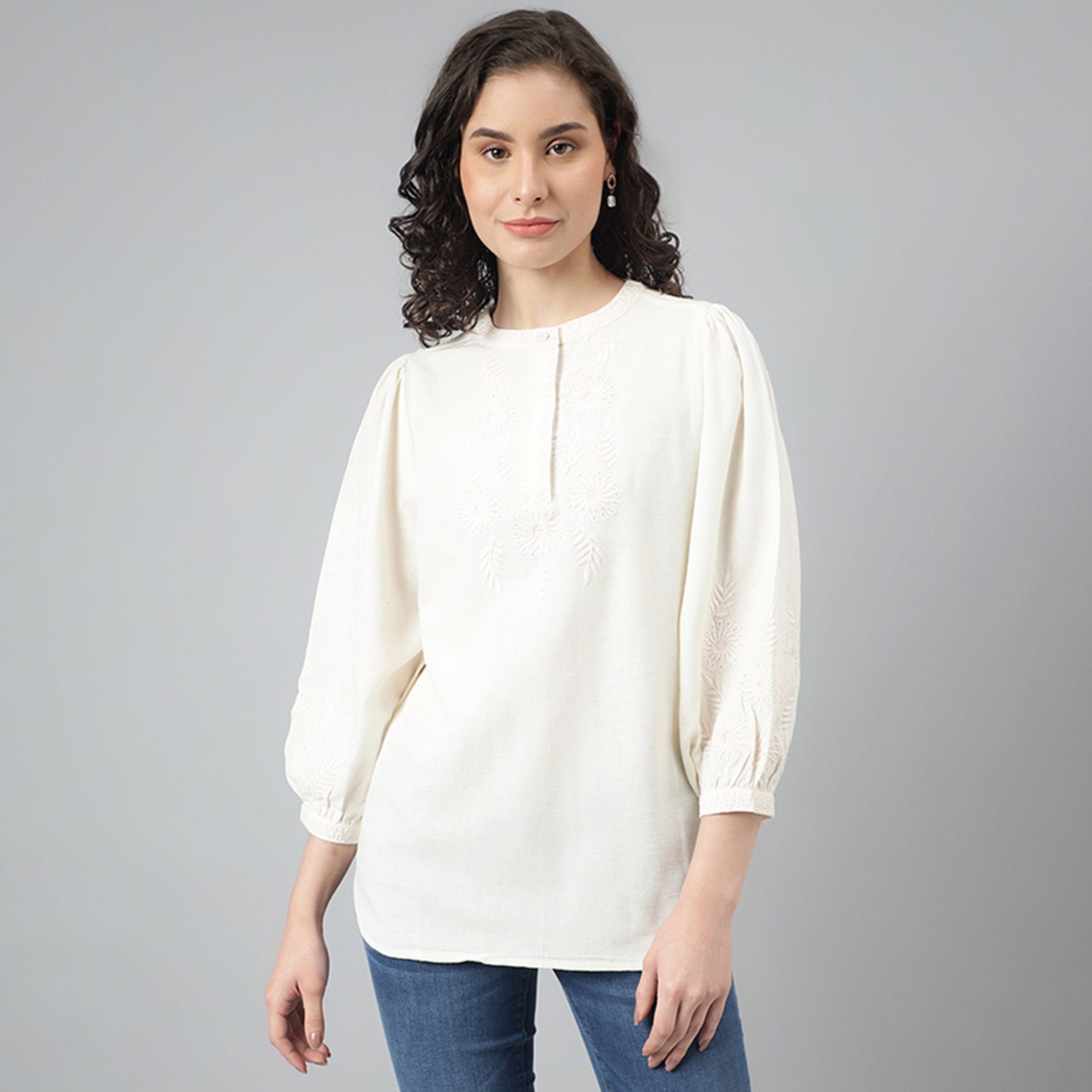 Beverly Hills Polo Club Embroidery Mandarin Neck Three-Quarter Sleeves Top-women-clothing-shirtsandblouses-blouses-image-1