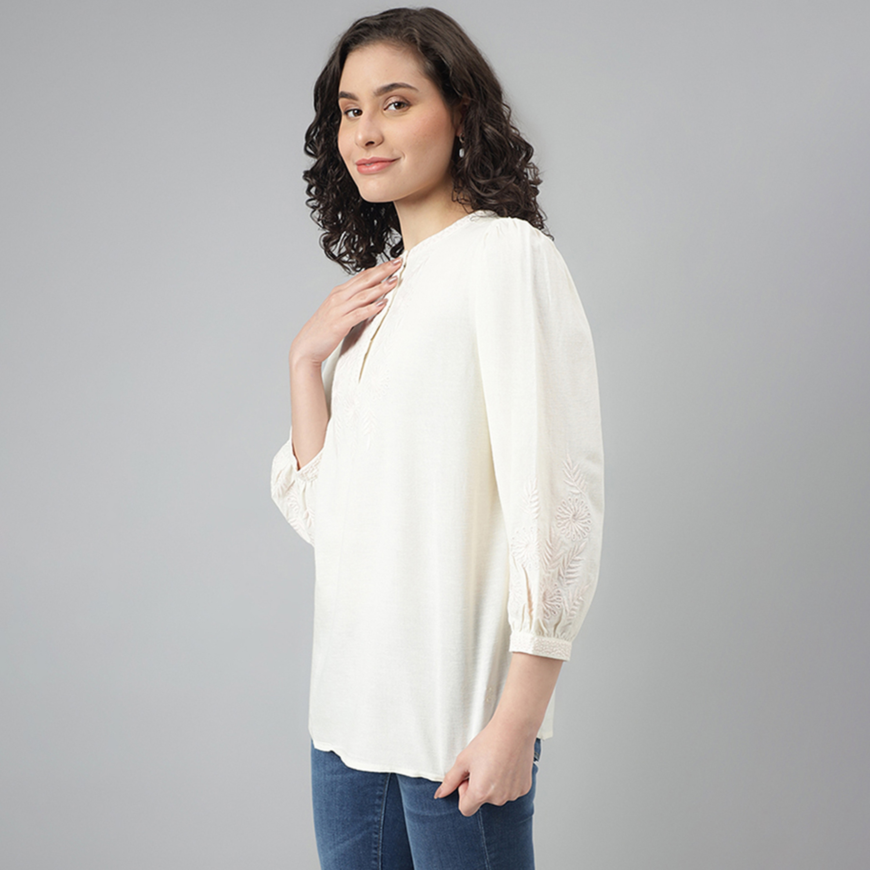 Beverly Hills Polo Club Embroidery Mandarin Neck Three-Quarter Sleeves Top-women-clothing-shirtsandblouses-blouses-image-2