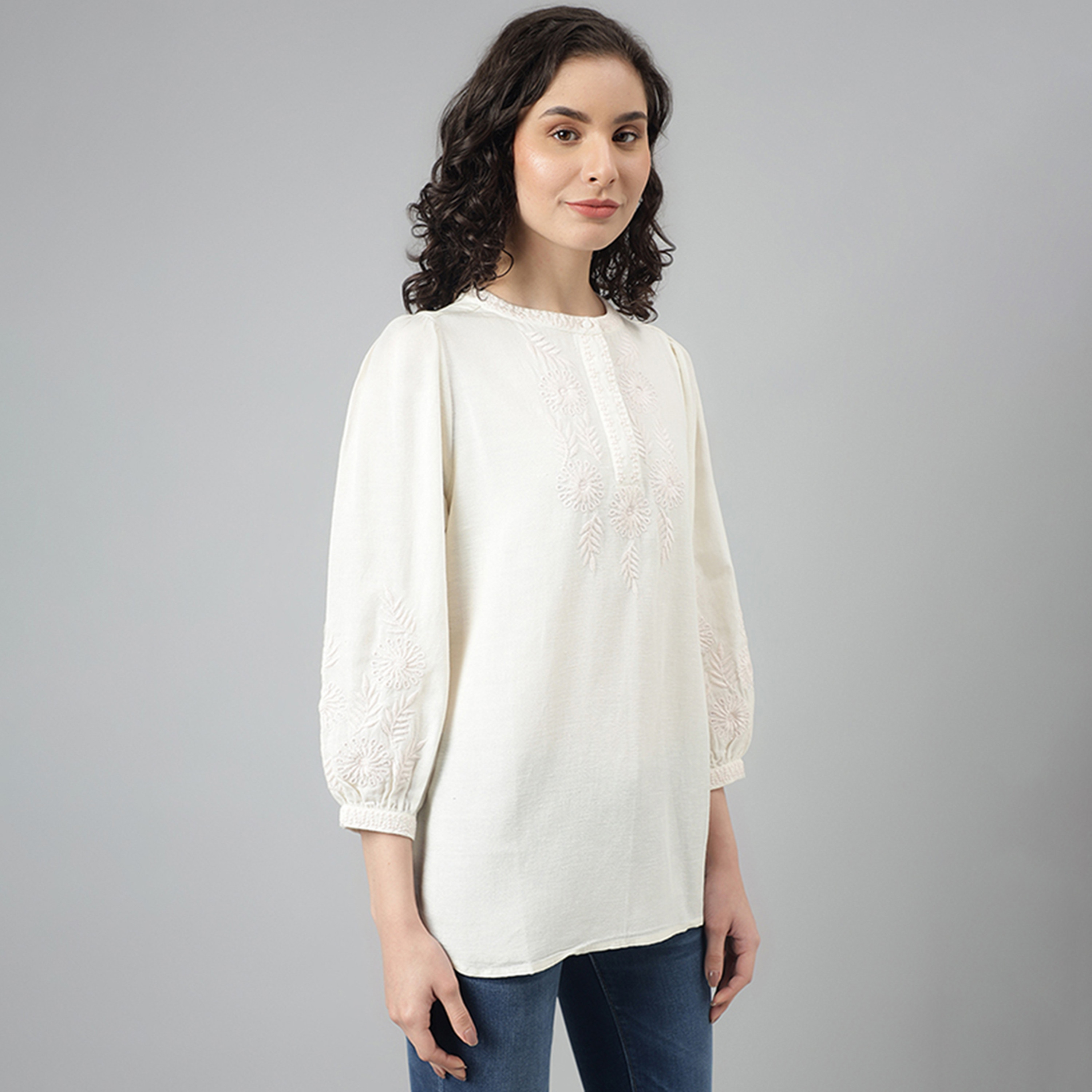 Beverly Hills Polo Club Embroidery Mandarin Neck Three-Quarter Sleeves Top-women-clothing-shirtsandblouses-blouses-image-3