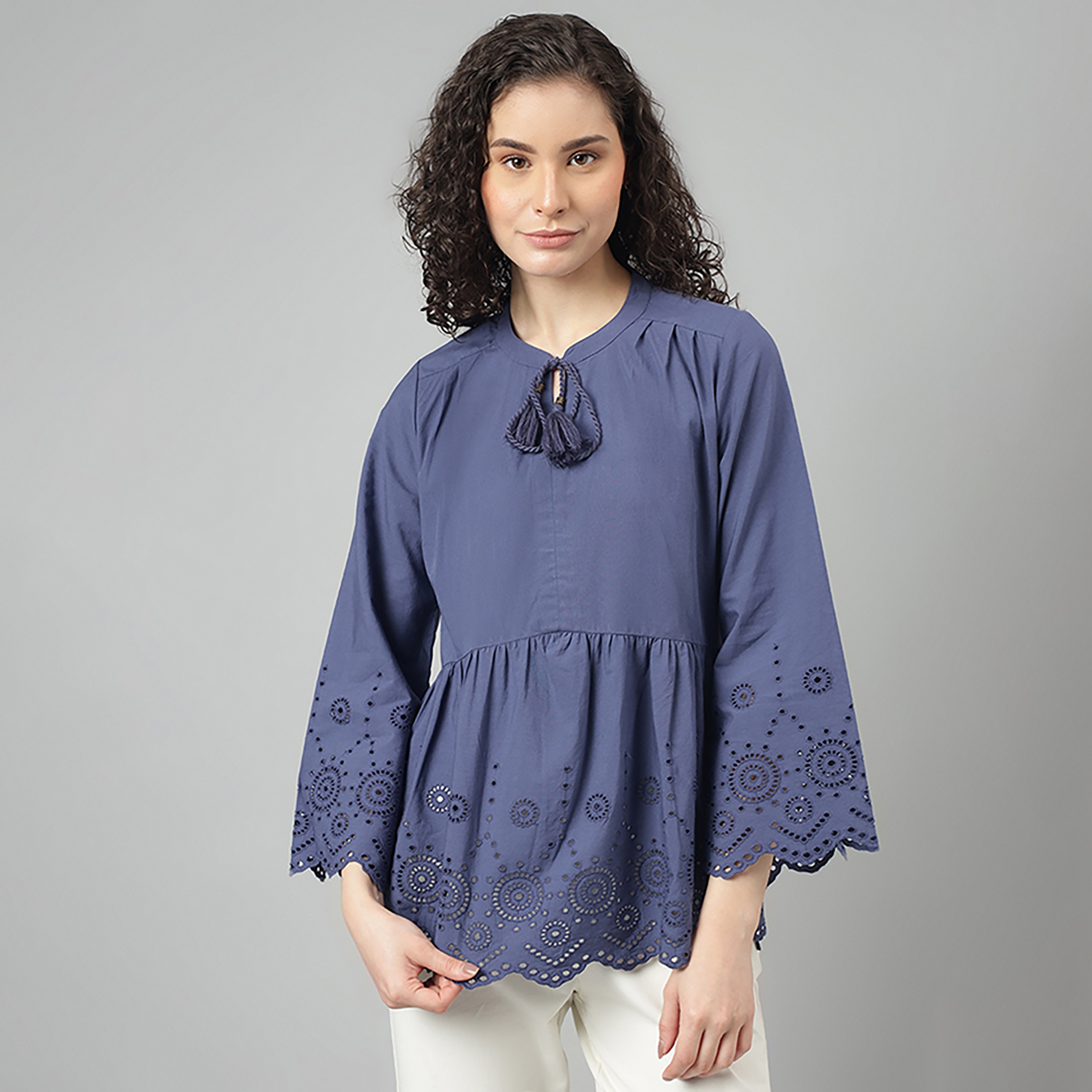 Beverly Hills Polo Club Embroidered Mandarin Three-Quarter Sleeves Tunic-women-clothing-shirtsandblouses-blouses-image-1