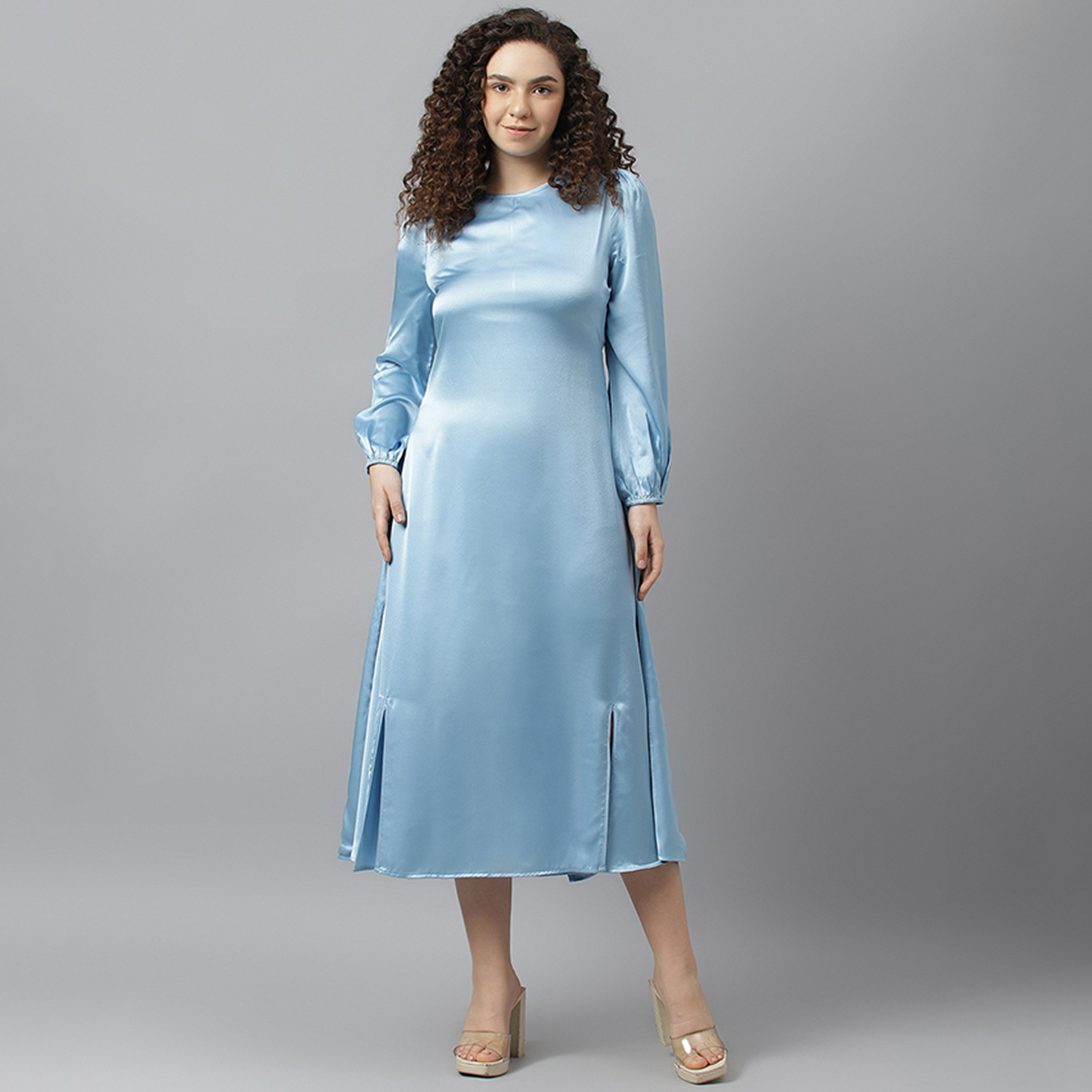 Beverly Hills Polo Club Plain Round Neck Slit Midi Dress with Back Tie-Up Detail-women-clothing-dresses-image-1