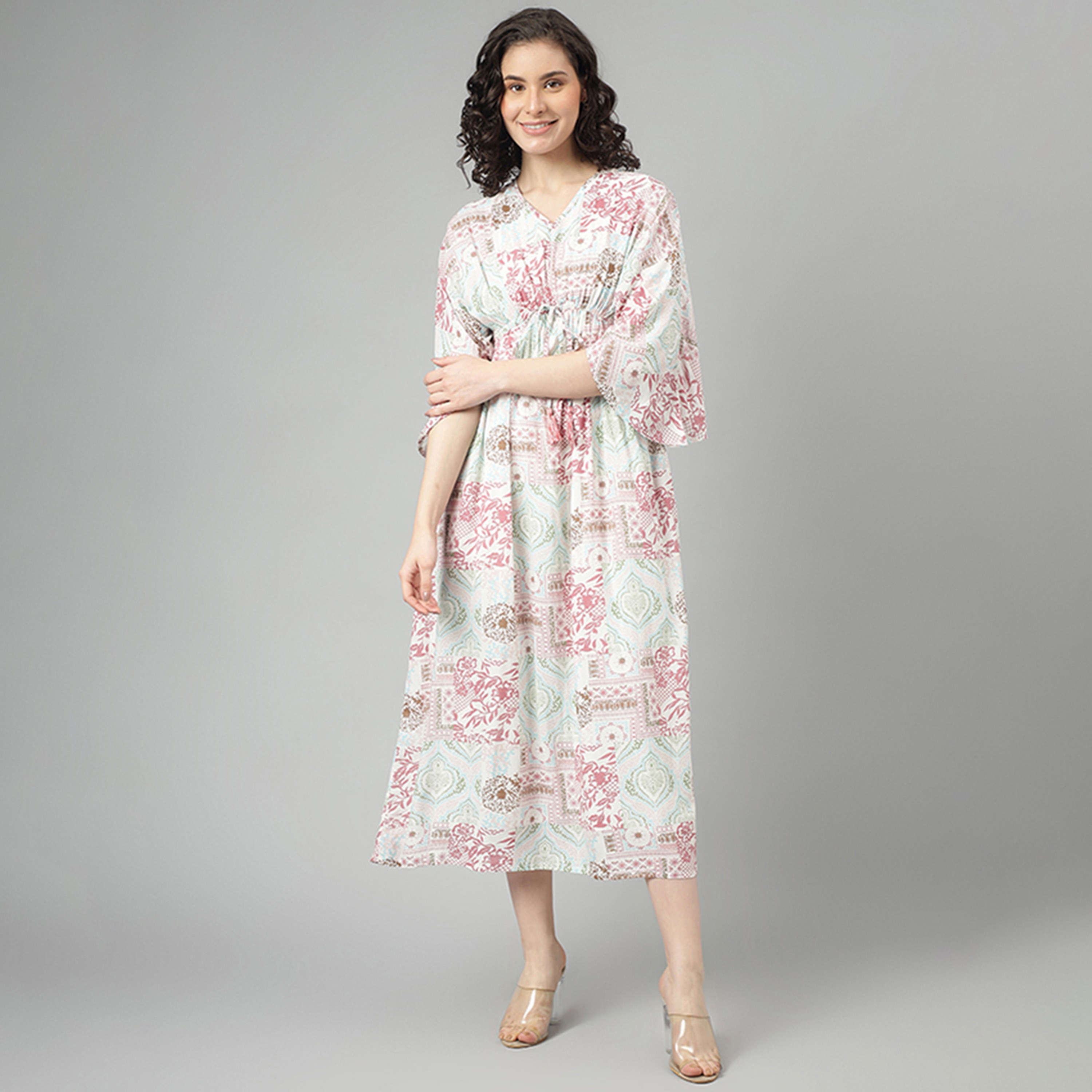 Beverly Hills Polo Club Multicolour Ethnic Motifs V-Neck Flared Sleeves Empire Midi Women's Dress-women-clothing-dresses-image-1