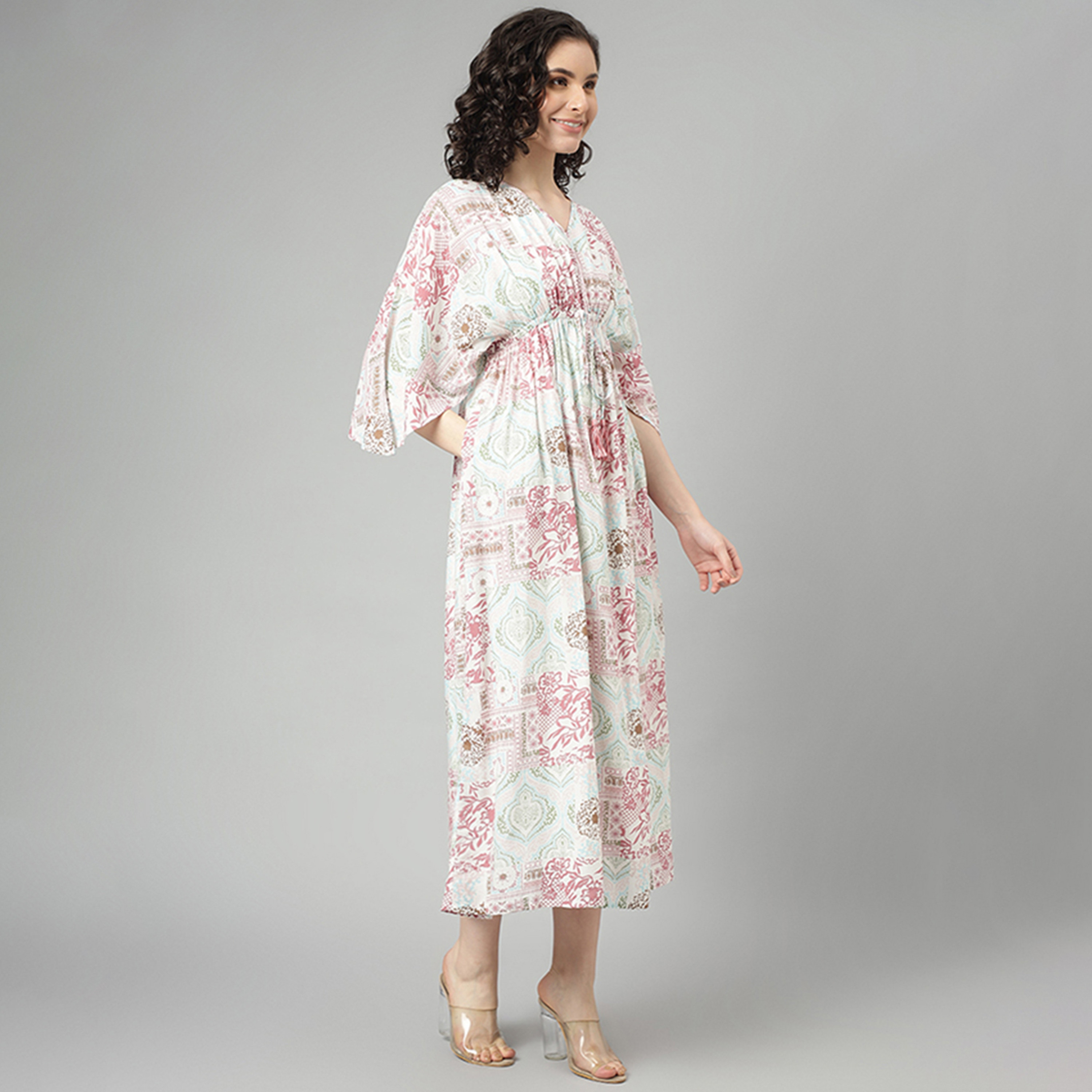 Beverly Hills Polo Club Multicolour Ethnic Motifs V-Neck Flared Sleeves Empire Midi Women's Dress-women-clothing-dresses-image-2