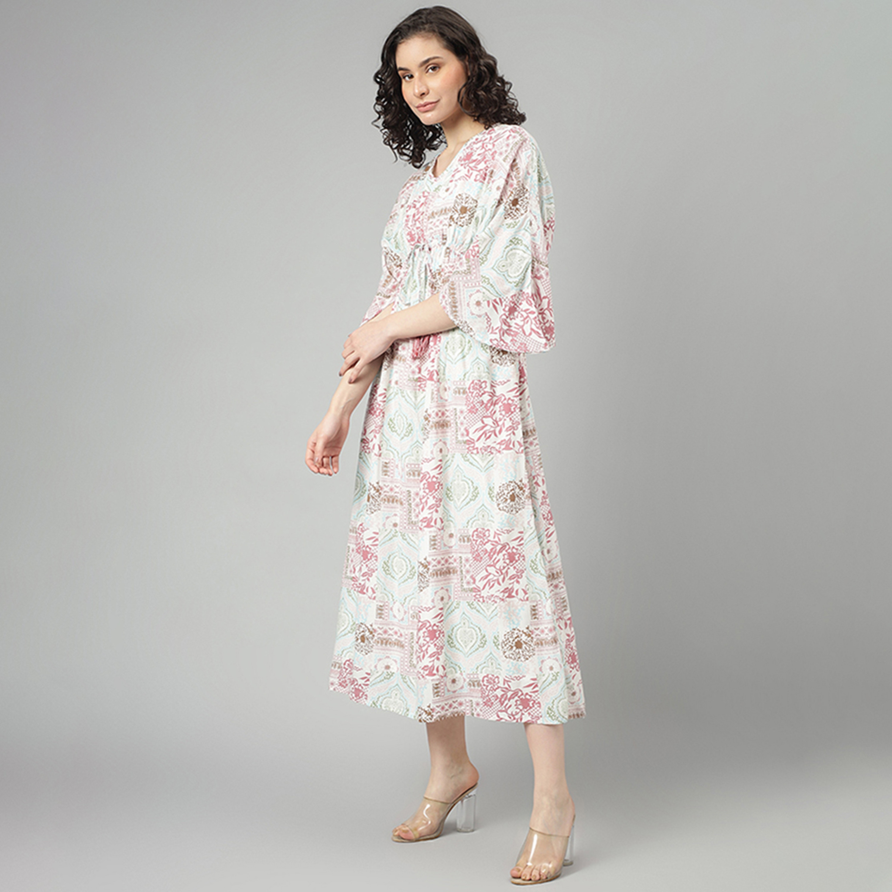 Beverly Hills Polo Club Multicolour Ethnic Motifs V-Neck Flared Sleeves Empire Midi Women's Dress-women-clothing-dresses-image-3