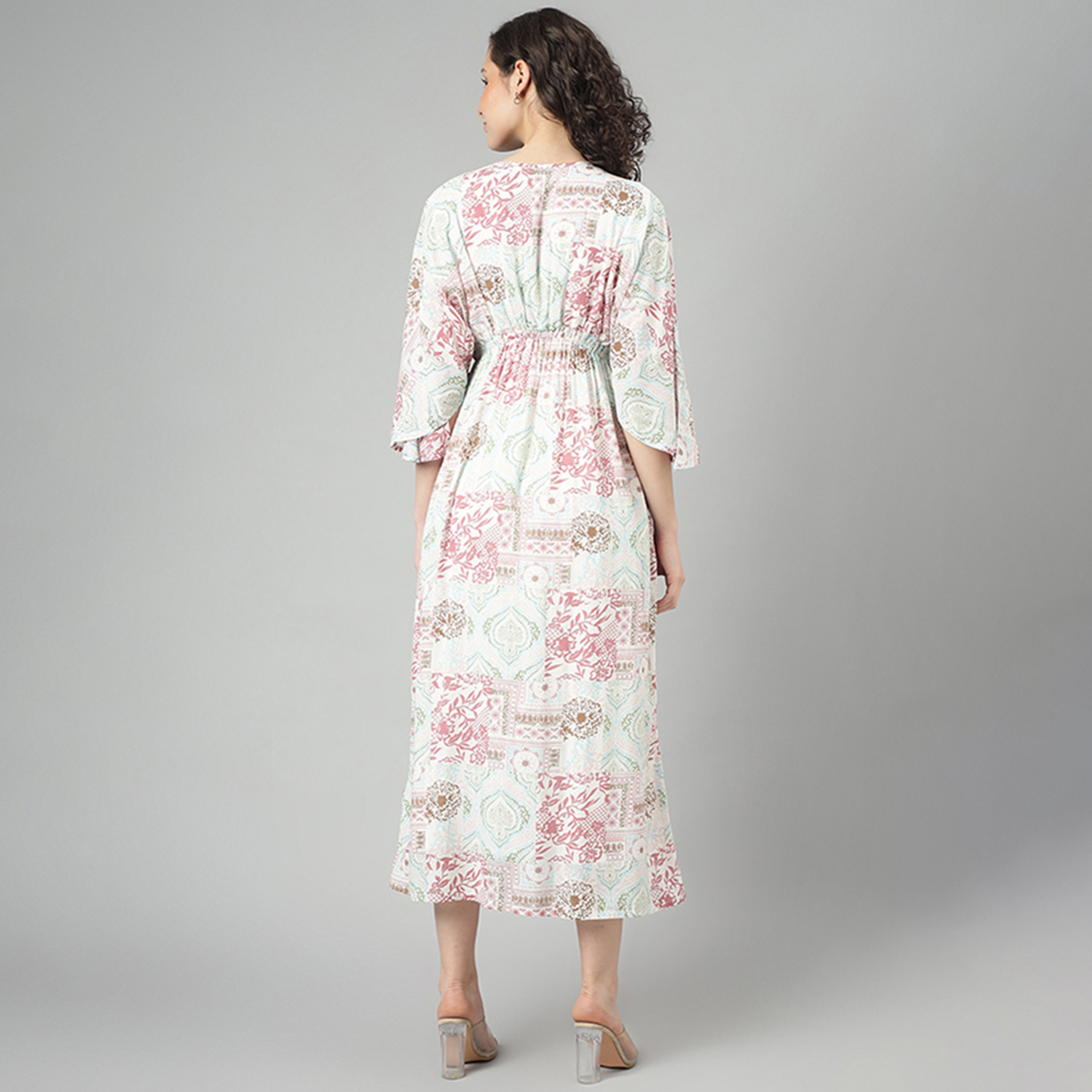 Beverly Hills Polo Club Multicolour Ethnic Motifs V-Neck Flared Sleeves Empire Midi Women's Dress-women-clothing-dresses-image-4