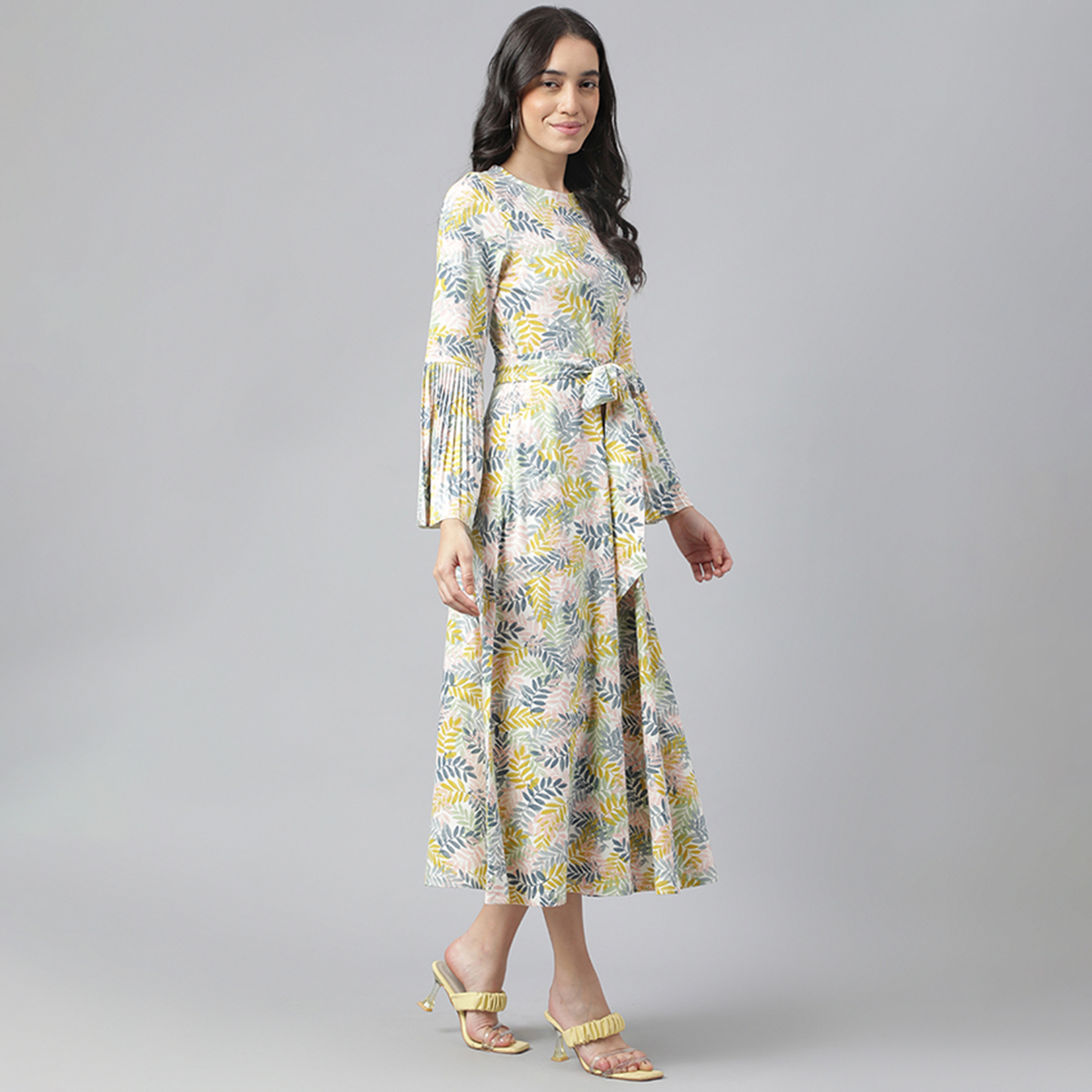 Beverly Hills Polo Club Multicolour Leaf Print Bell Sleeves Fit and Flared Midi Women's Dress-women-clothing-dresses-image-2