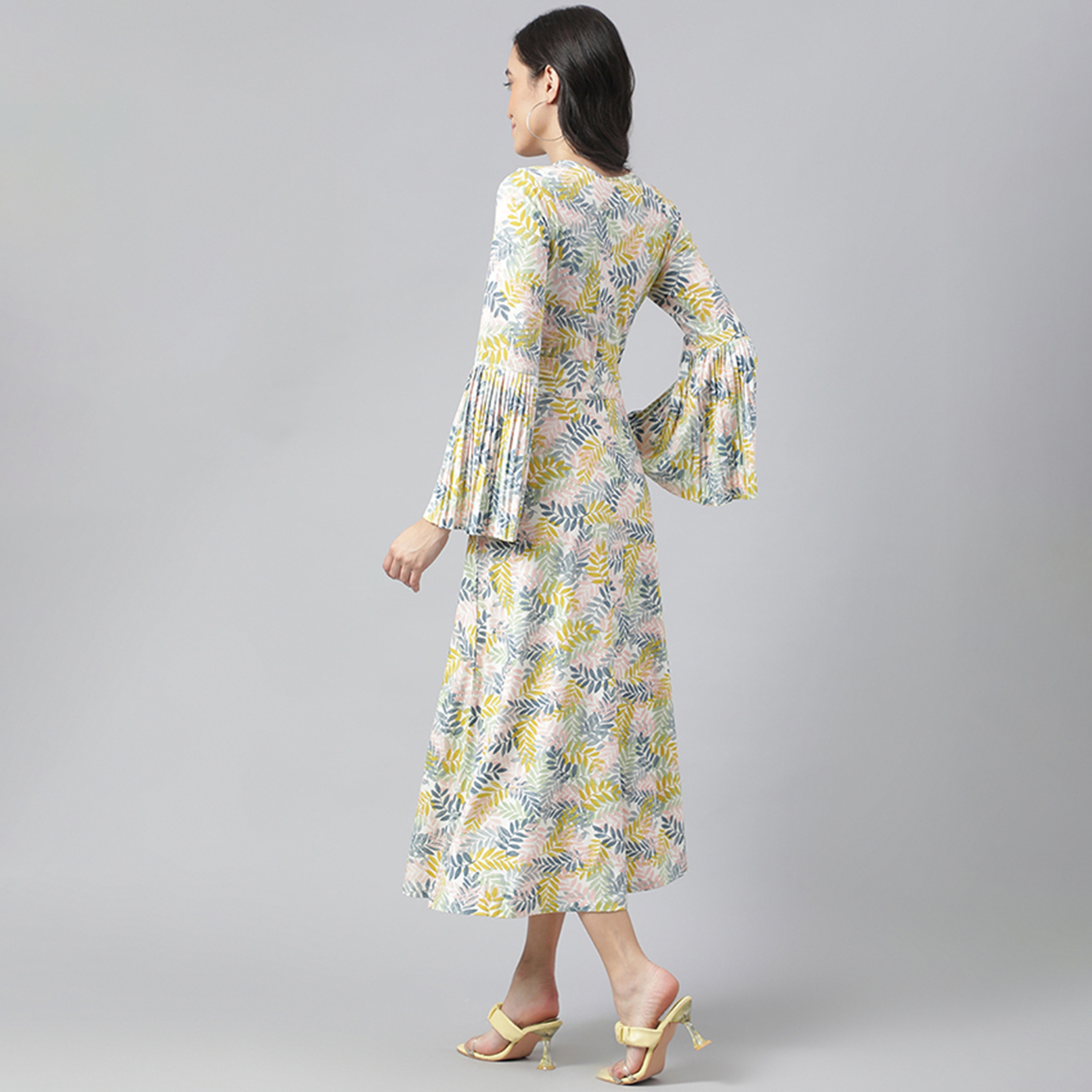 Beverly Hills Polo Club Multicolour Leaf Print Bell Sleeves Fit and Flared Midi Women's Dress-women-clothing-dresses-image-4