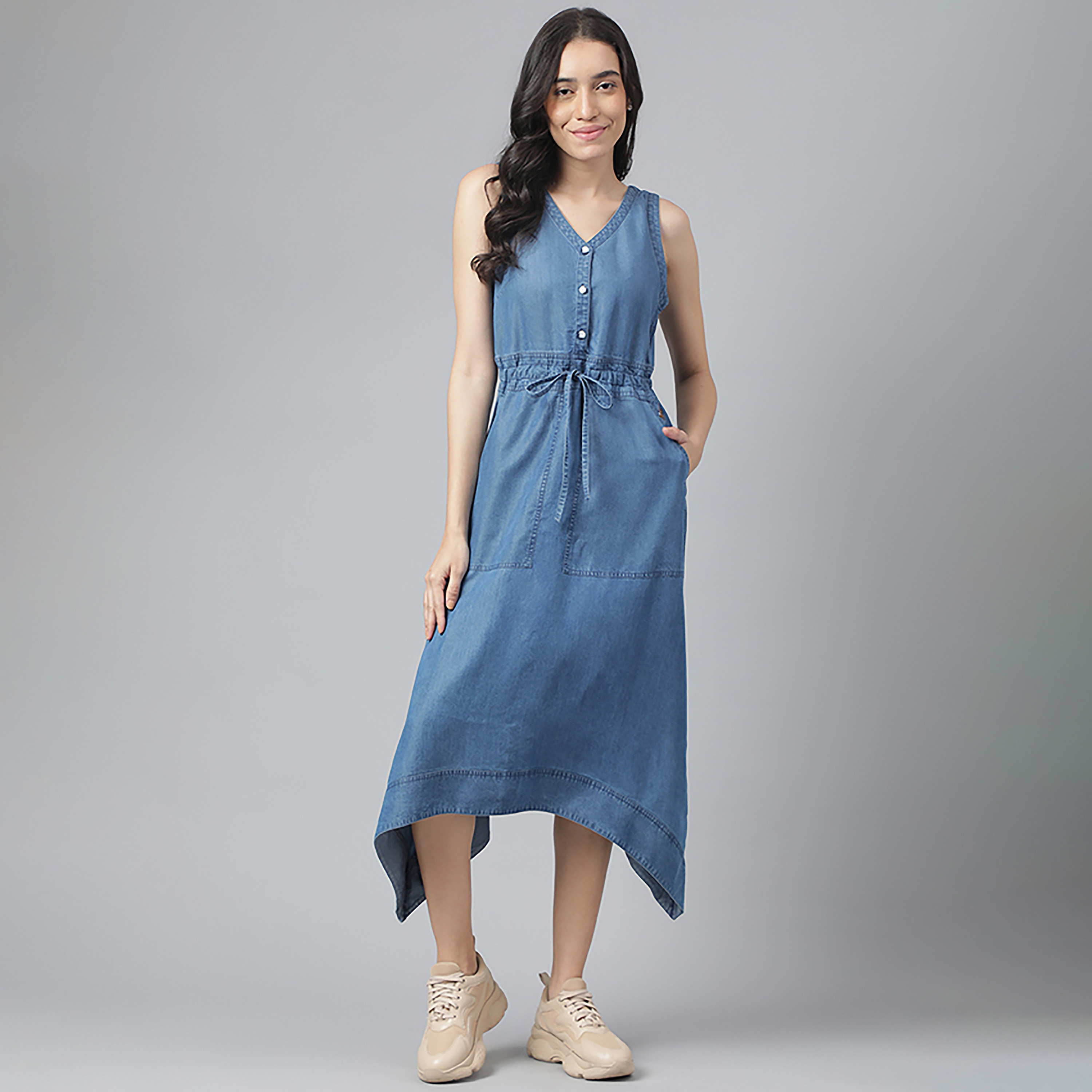 Beverly Hills Polo Club Plain V-Neck Woven Midi Dress-women-clothing-dresses-image-1