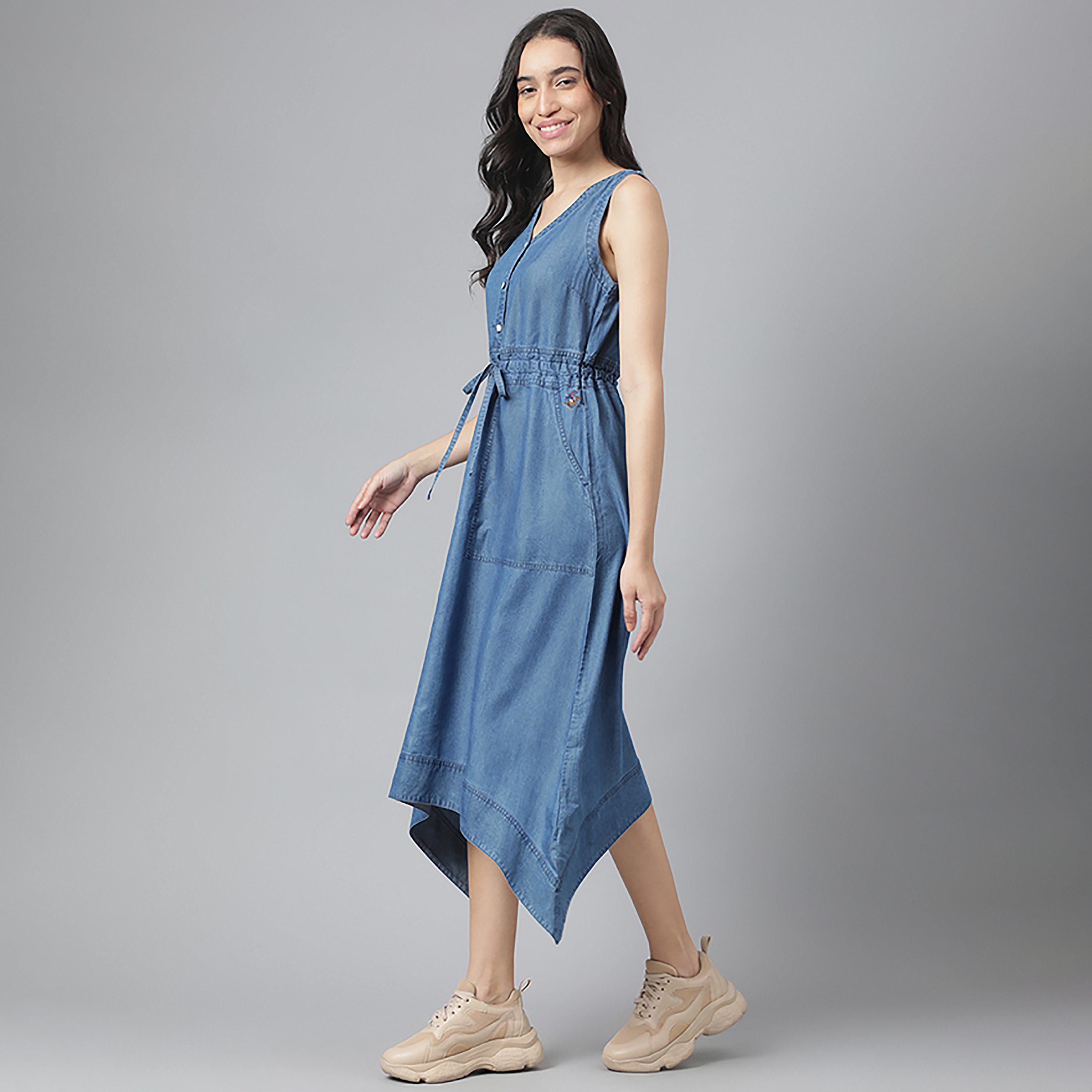 Beverly Hills Polo Club Plain V-Neck Woven Midi Dress-women-clothing-dresses-image-2