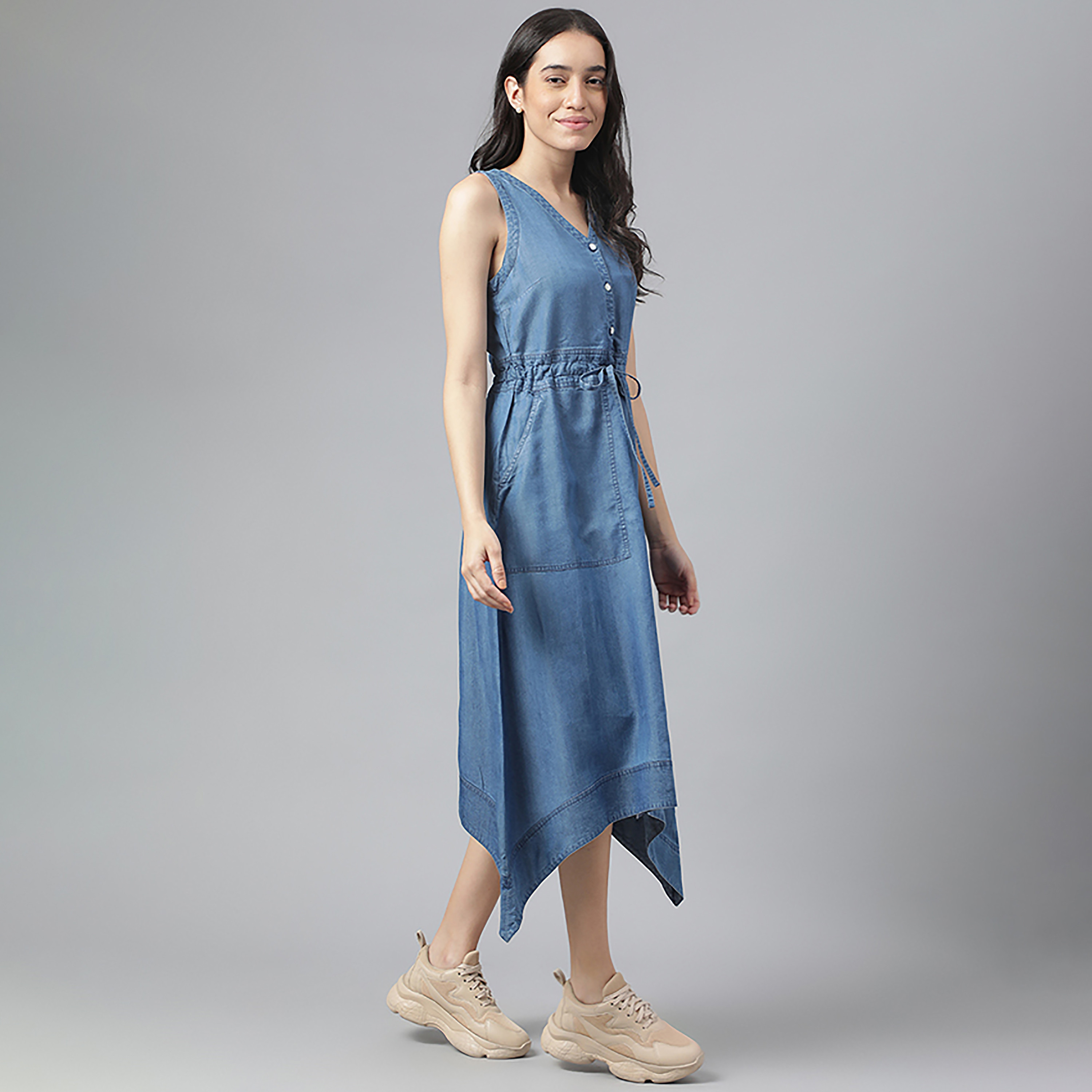 Beverly Hills Polo Club Plain V-Neck Woven Midi Dress-women-clothing-dresses-image-3