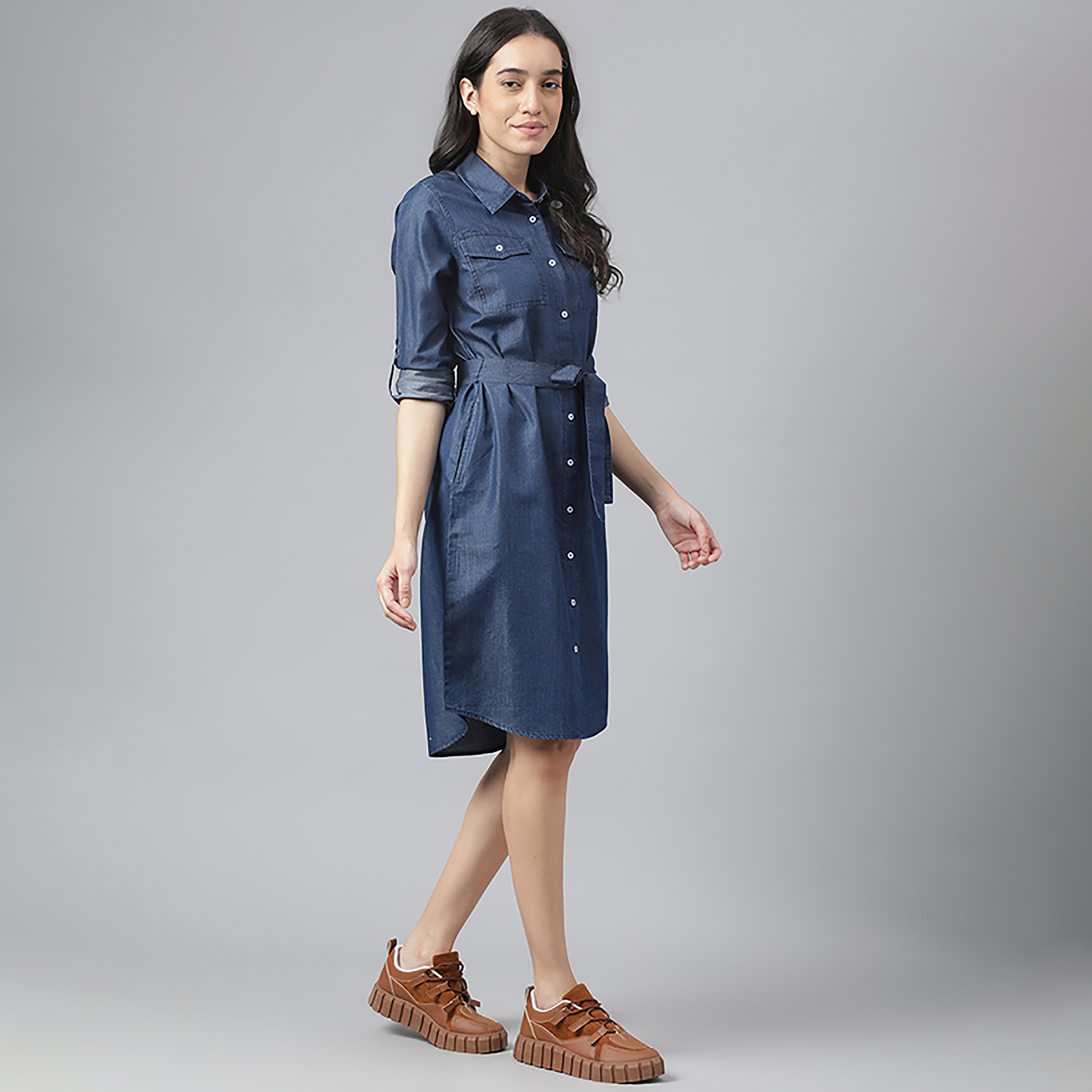 Beverly Hills Polo Club Plain Shirt Collar Knee Length Shirt Dress-women-clothing-dresses-image-3