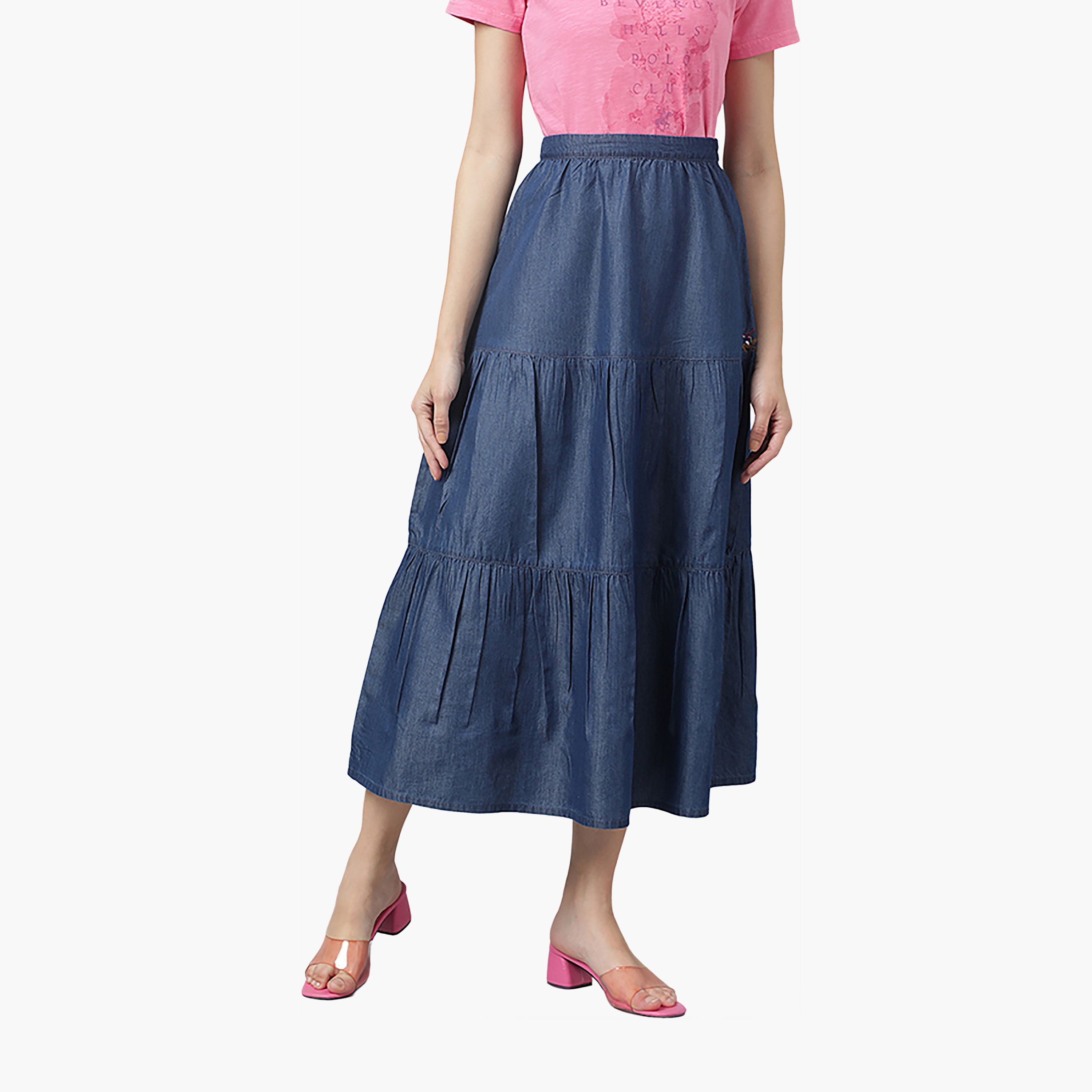 Beverly Hills Polo Club Plain High-Rise Elasticated Waist Women's Tiered Skirt-women-clothing-skirts-image-1