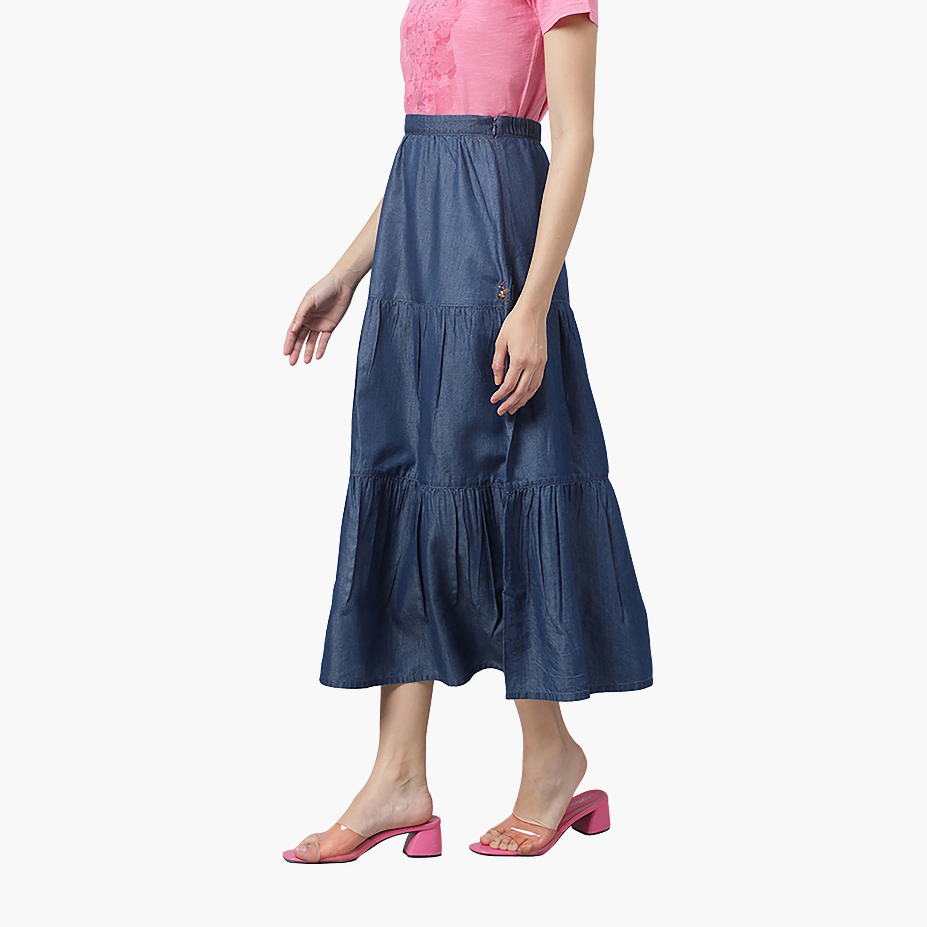 Beverly Hills Polo Club Plain High-Rise Elasticated Waist Women's Tiered Skirt-women-clothing-skirts-image-2