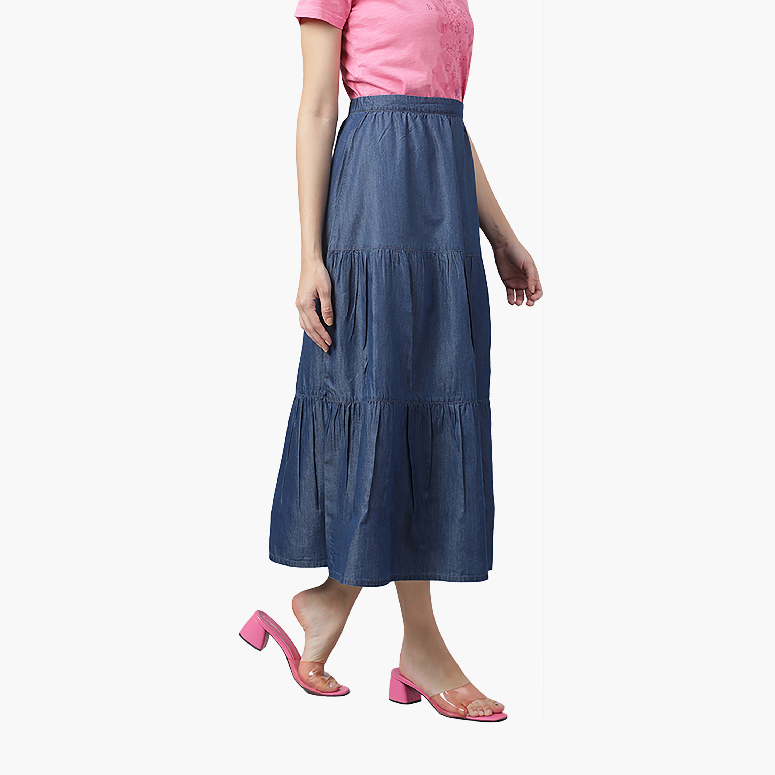 Beverly Hills Polo Club Plain High-Rise Elasticated Waist Women's Tiered Skirt-women-clothing-skirts-image-3