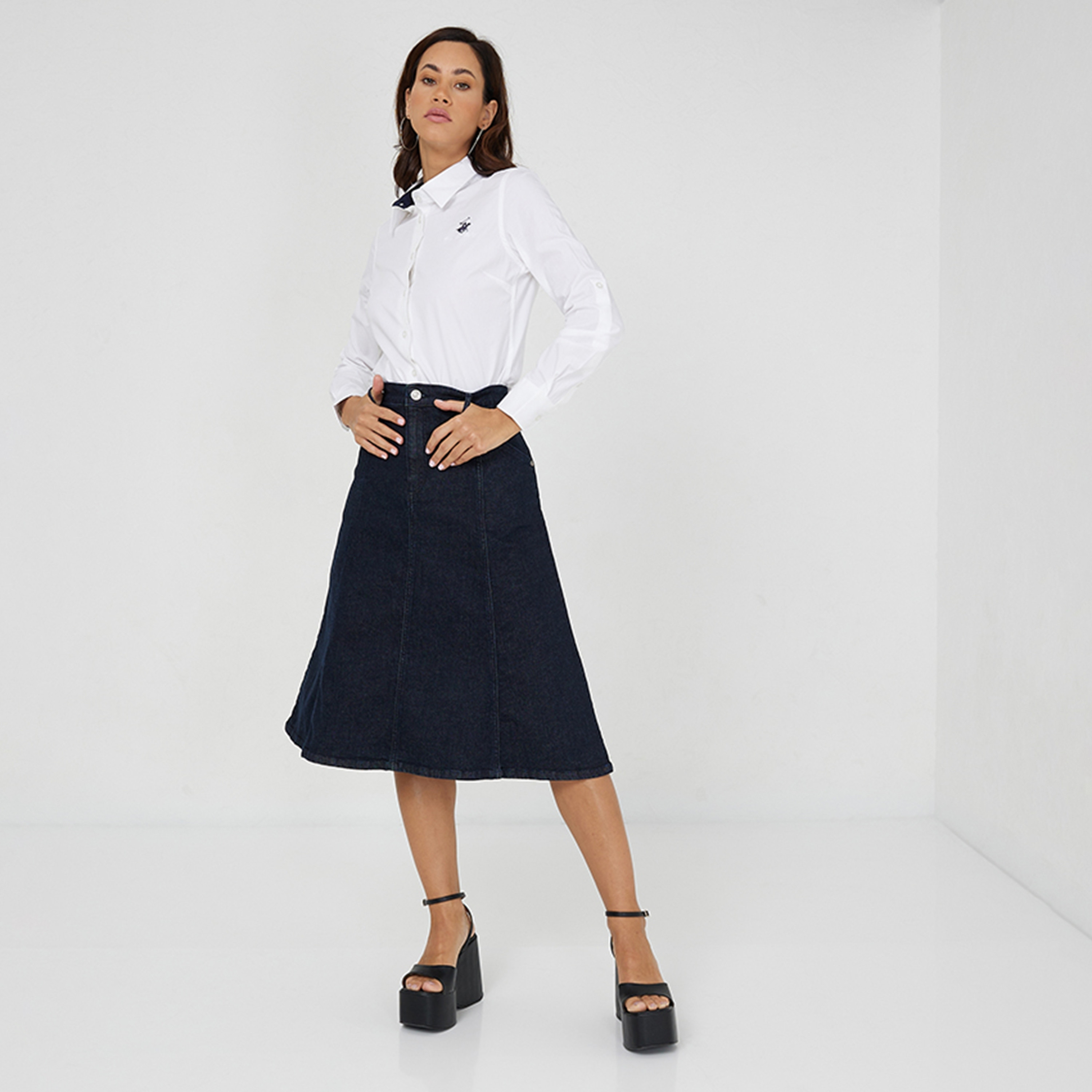 Beverly Hills Polo Club Plain Flexi Waist Button Women's A-Line Skirt-women-clothing-bottoms-skirts-image-2