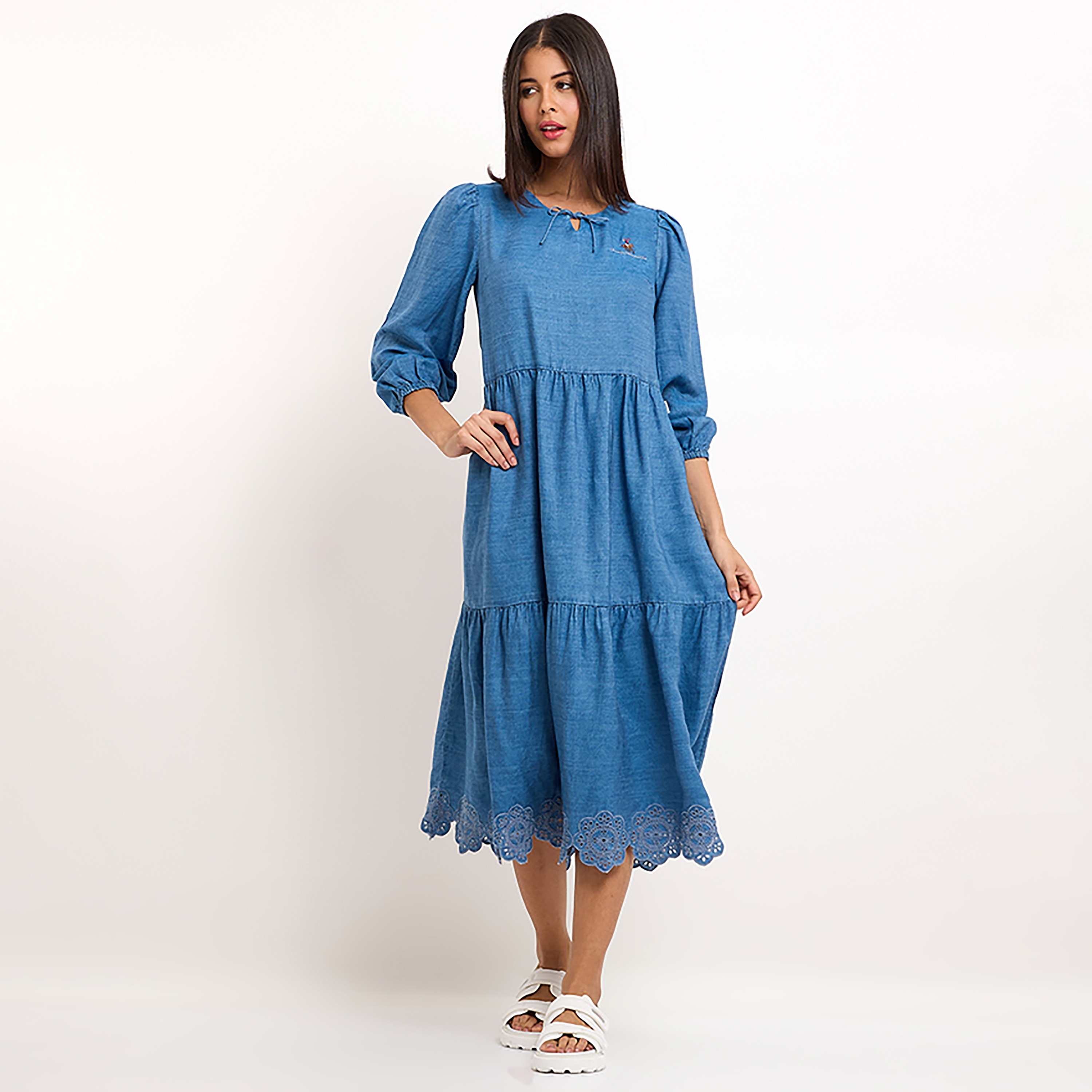 Beverly Hills Polo Club Plain Round Neck Three-Quarter Sleeves Women's Midi Flare Dress-women-clothing-dresses-image-1